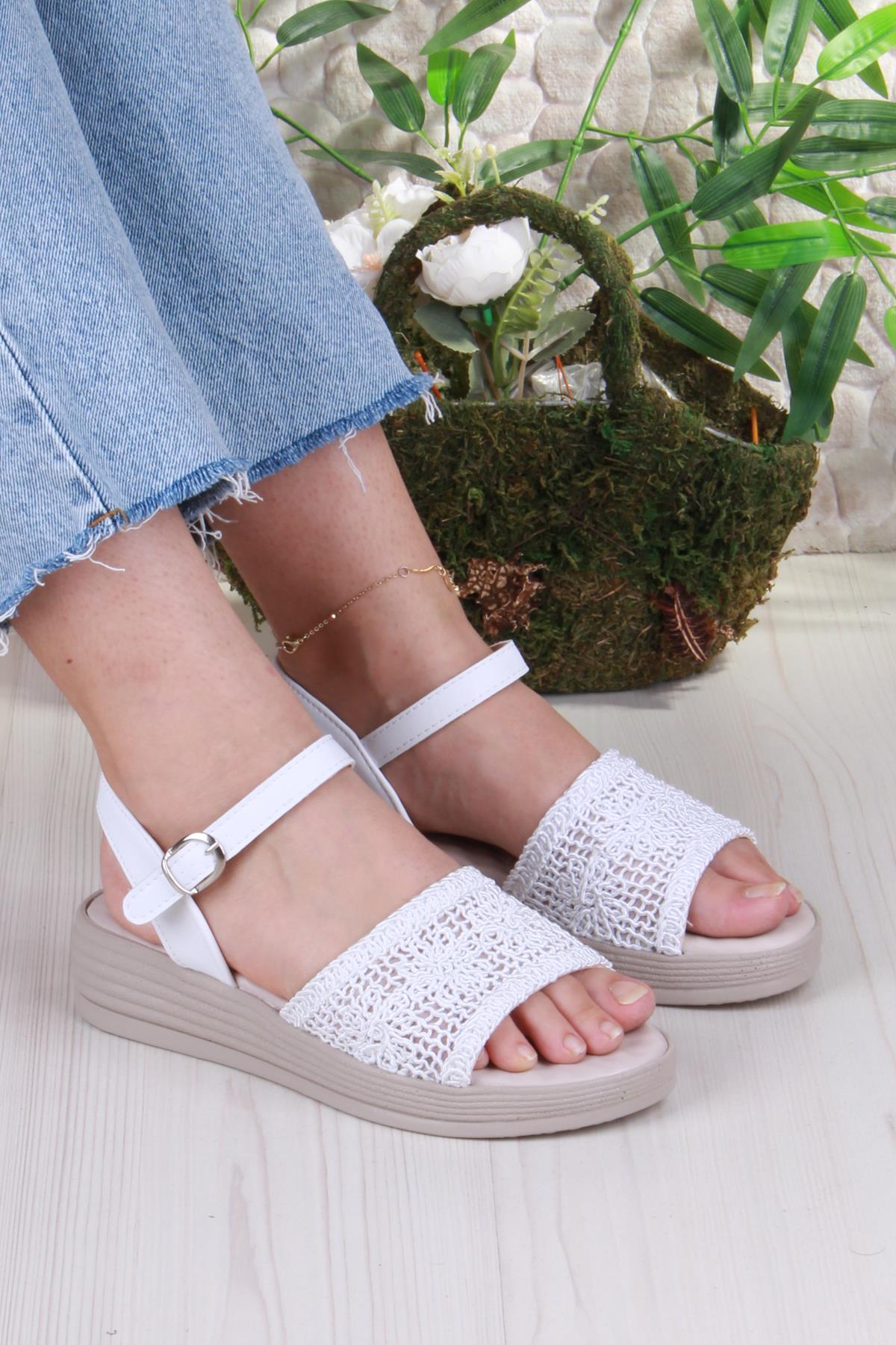 05-2001 Soft Rahat Toka Detaylı Dantel Örgülü Kadın Sandalet - Görsel 2