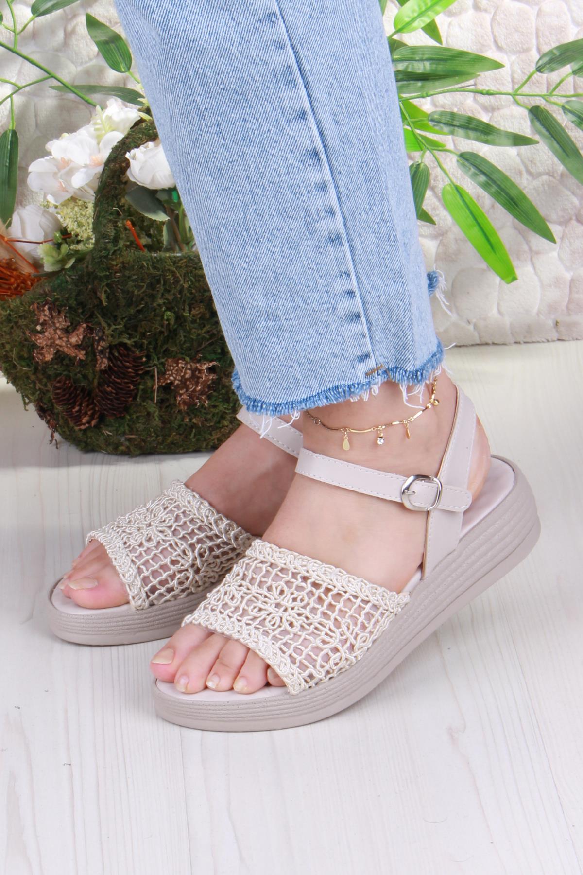 05-2001 Soft Rahat Toka Detaylı Dantel Örgülü Kadın Sandalet - Görsel 3