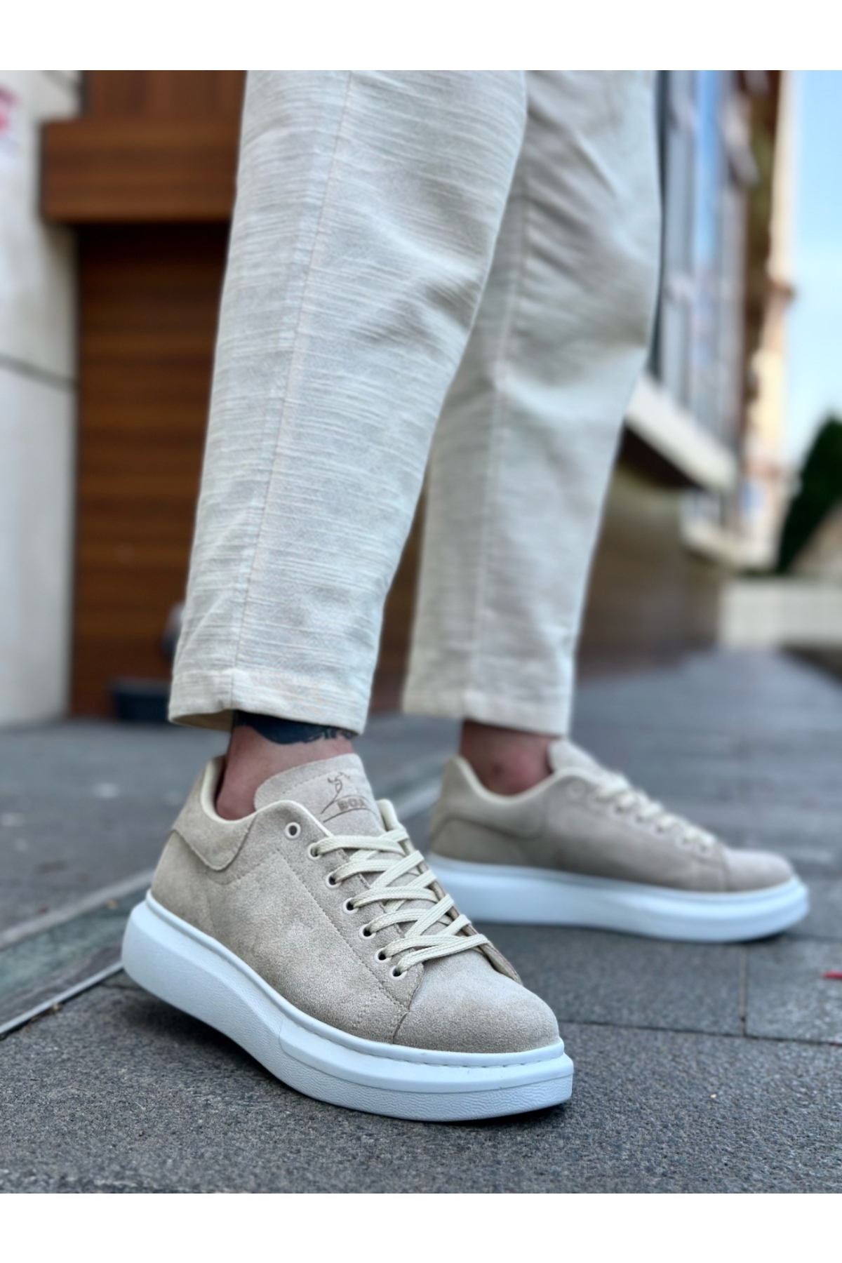 Bağcıklı Erkek Spor Ayakkabı KREM SÜET (BEYAZ TABAN) - Görsel 2