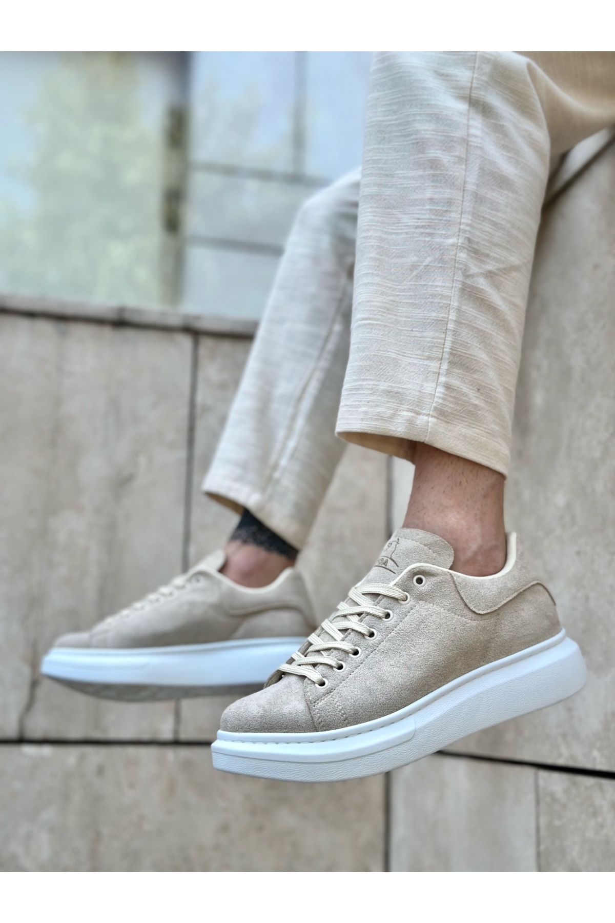 Bağcıklı Erkek Spor Ayakkabı KREM SÜET (BEYAZ TABAN) - Görsel 4