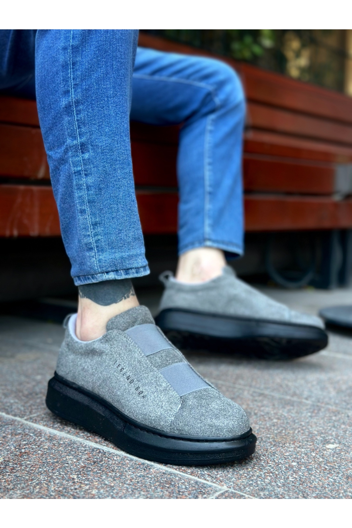 Bağcıksız Çift Bant Erkek Ayakkabı GRİ (SİYAH TABAN) - Görsel 2