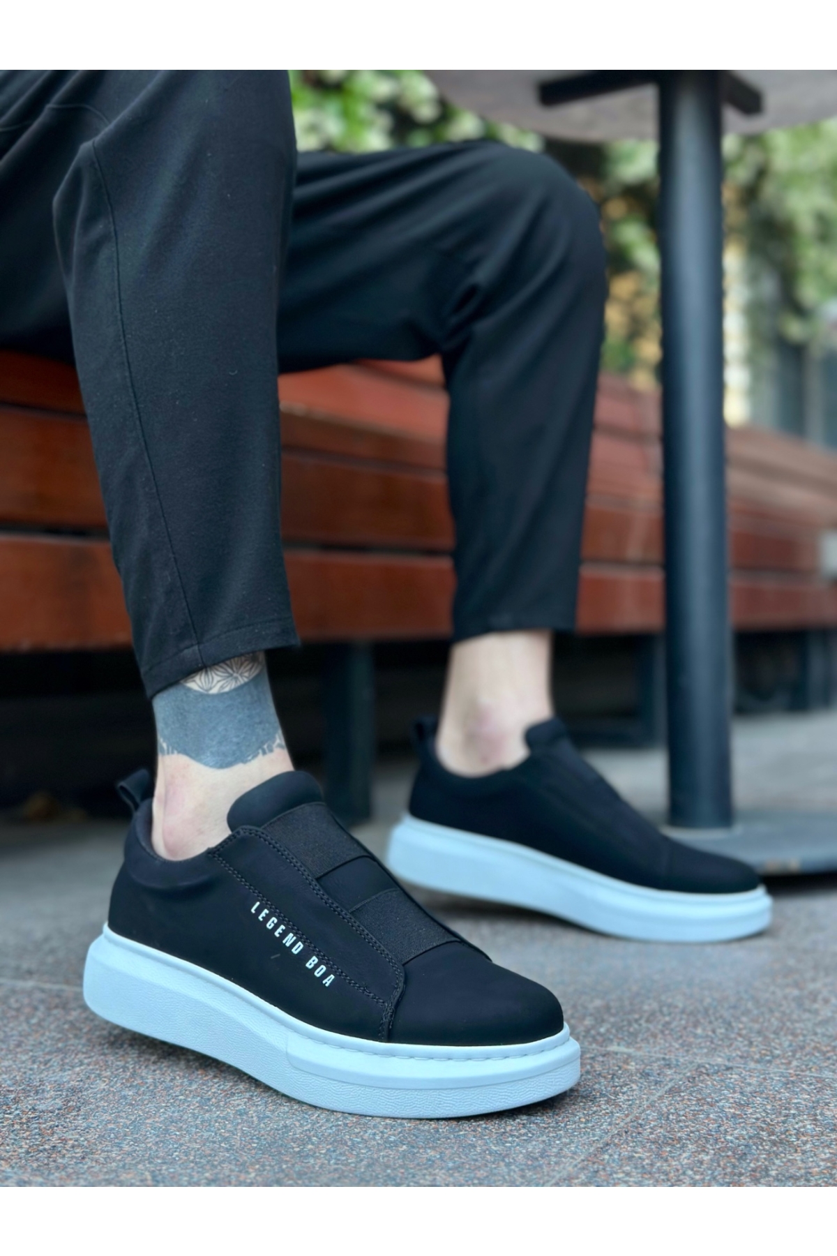 Bağcıksız Çift Bant Erkek Ayakkabı SİYAH (BEYAZ TABAN) - Görsel 2