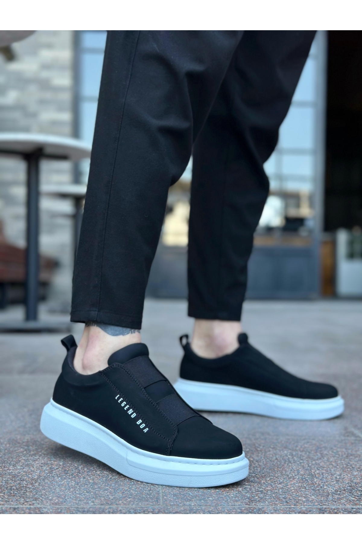 Bağcıksız Çift Bant Erkek Ayakkabı SİYAH (BEYAZ TABAN) - Görsel 3