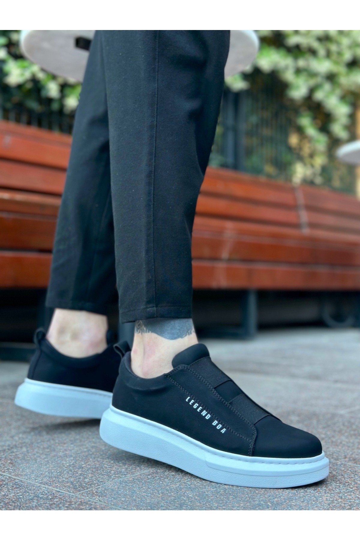 Bağcıksız Çift Bant Erkek Ayakkabı SİYAH (BEYAZ TABAN) - Görsel 4