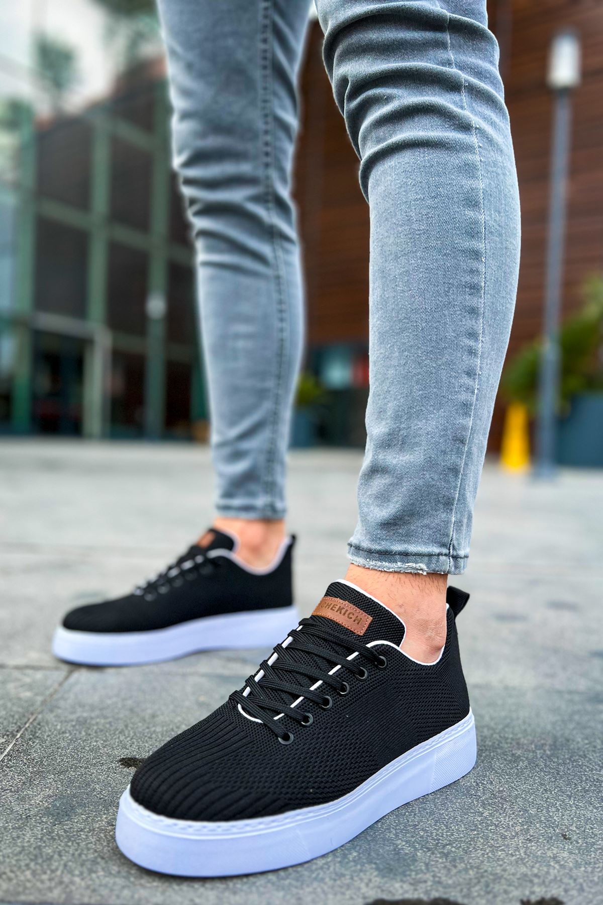 Bağcıklı Triko Kumaş Erkek Spor Ayakkabı Siyah - Görsel 3