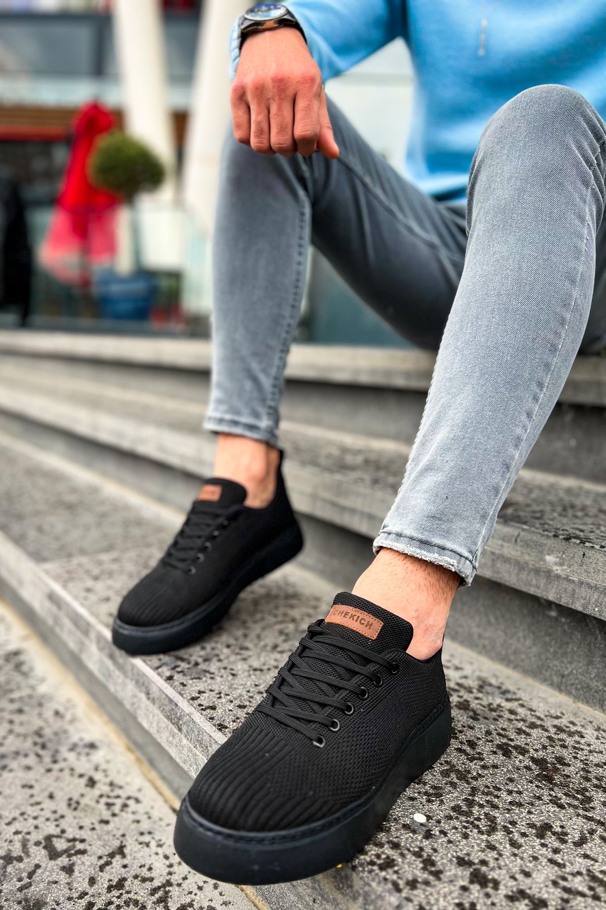 Bağcıklı Triko Kumaş Erkek Spor Ayakkabı Siyah - Görsel 2