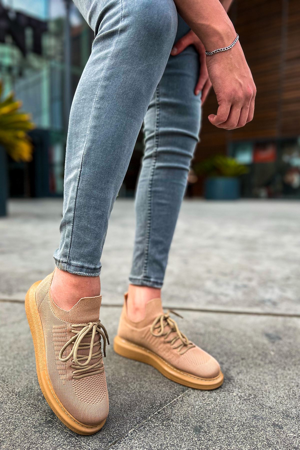 Bağcık Detaylı Triko Kumaş Erkek Spor Ayakkabı Taba - Görsel 4