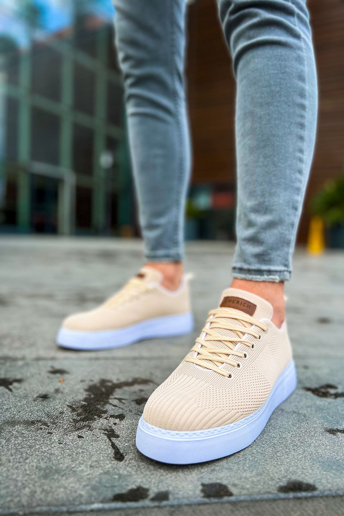 Bağcıklı Triko Kumaş Erkek Spor Ayakkabı Krem - Görsel 4