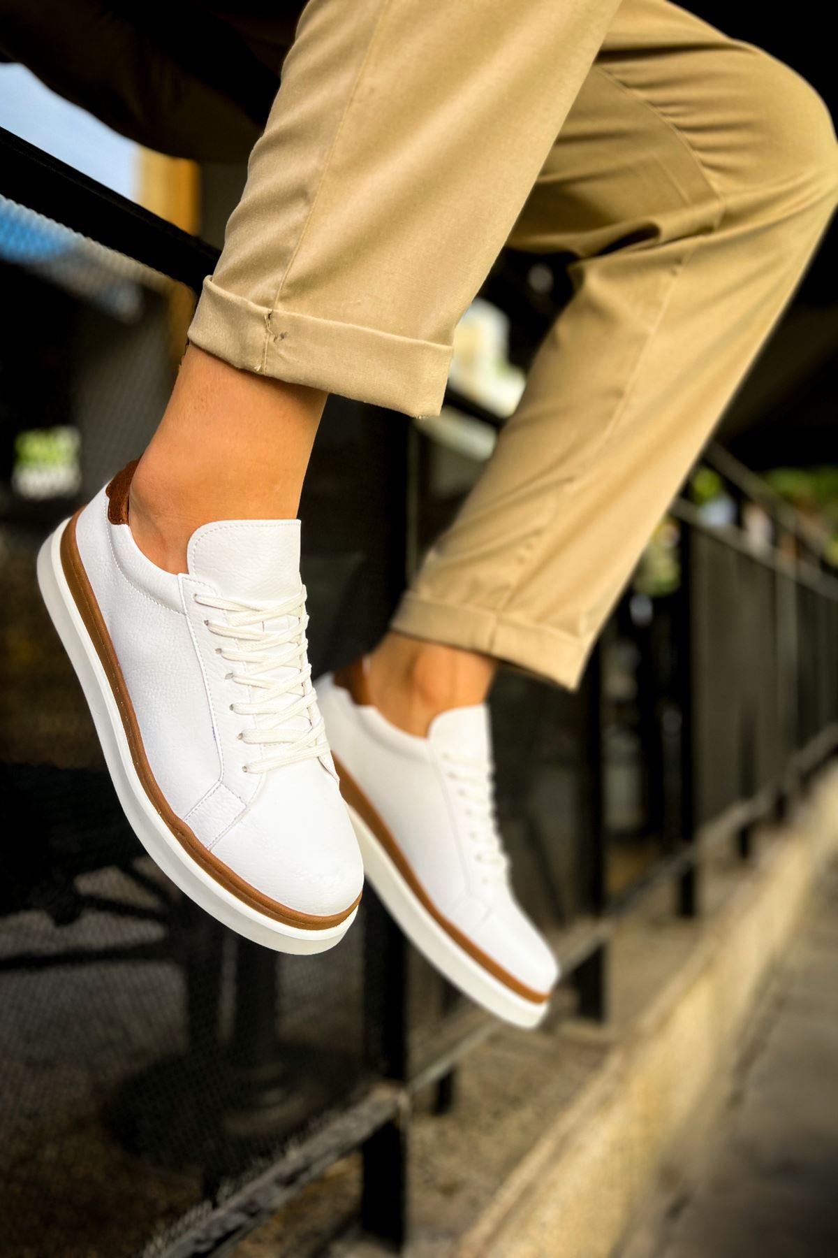 Bağcıklı Erkek Spor Ayakkabı Beyaz Taba - Görsel 2