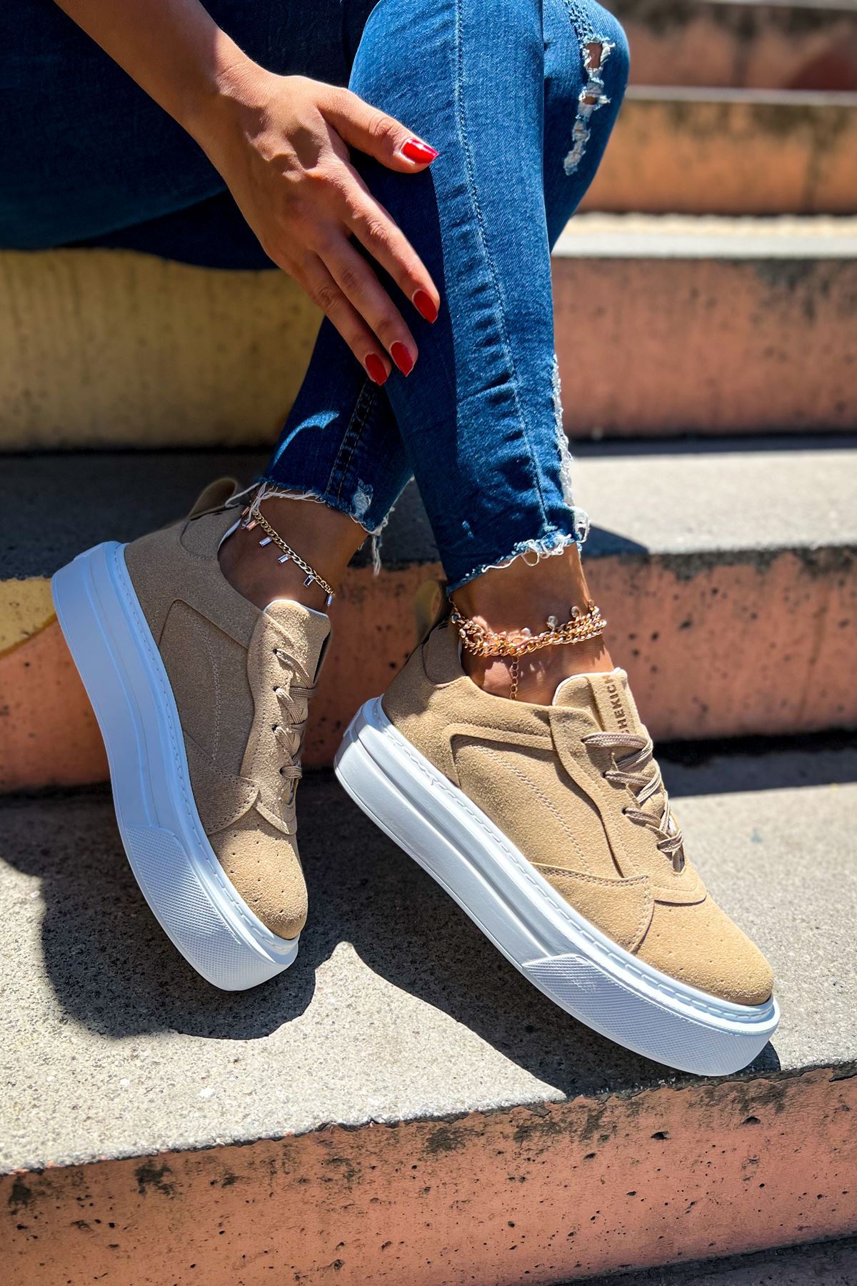 Bağcıklı Kadın Spor Ayakkabı Kum - Görsel 4