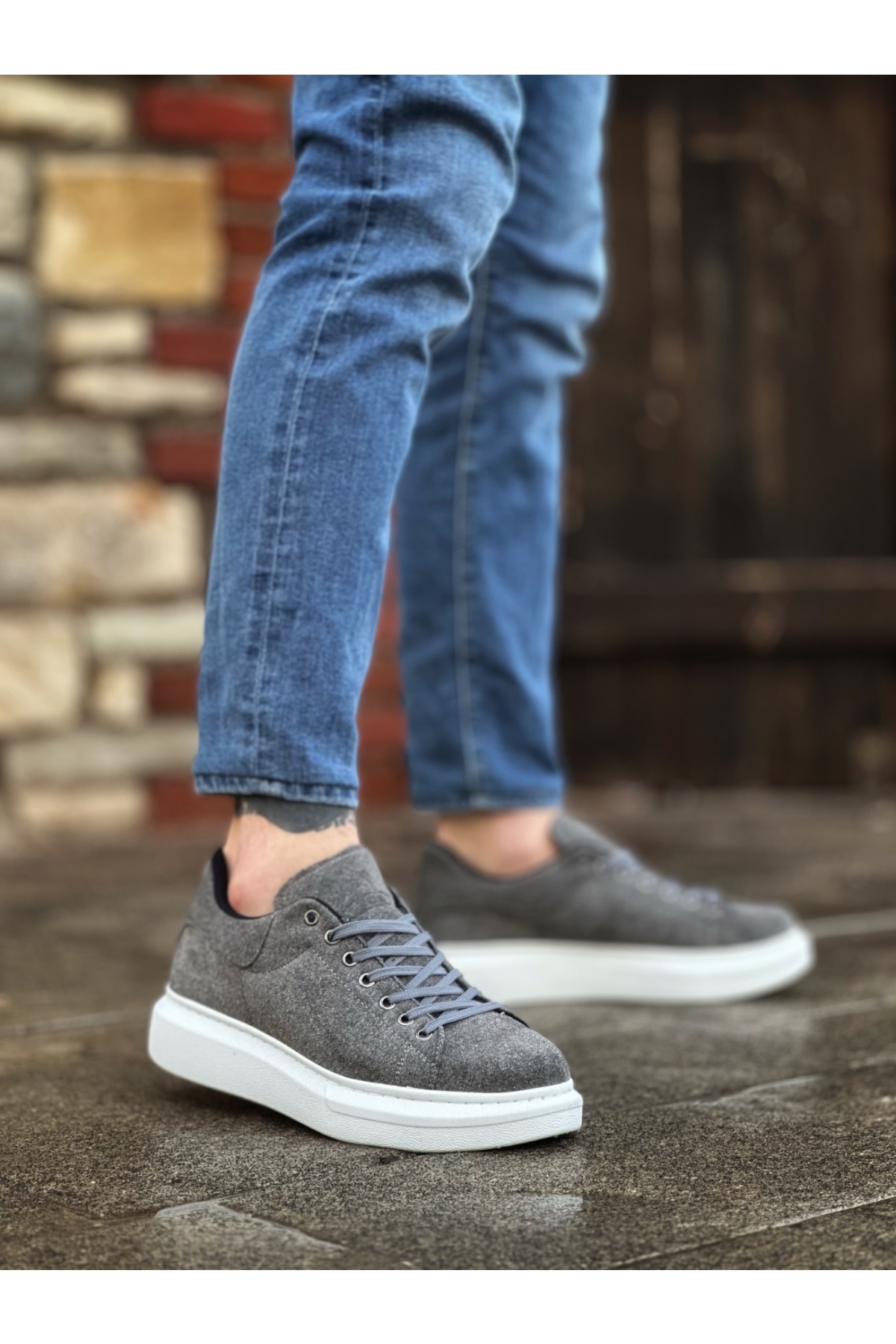 Bağcıklı Erkek Spor Ayakkabı GRİ SÜET (BEYAZ TABAN) - Görsel 2