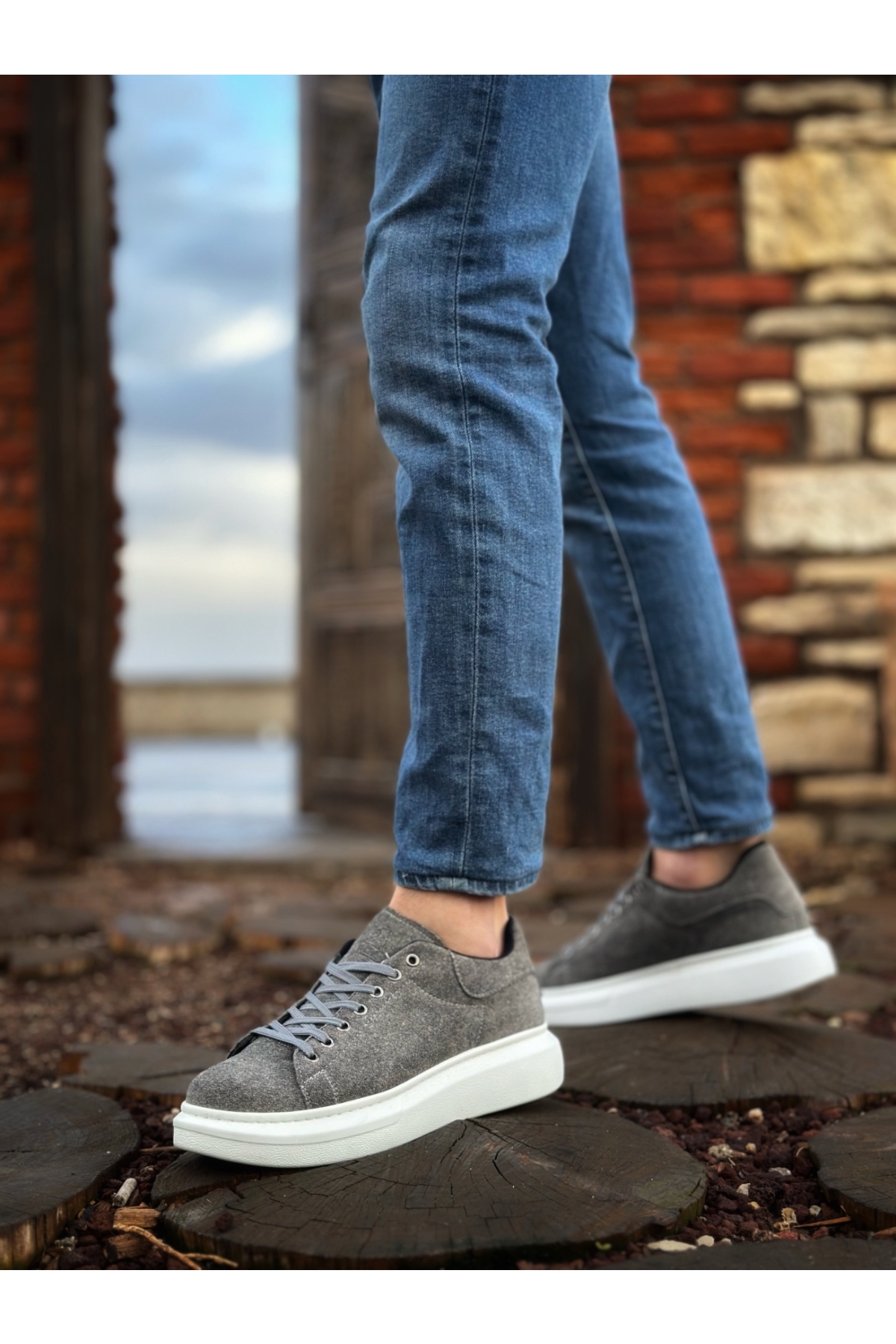 Bağcıklı Erkek Spor Ayakkabı GRİ SÜET (BEYAZ TABAN) - Görsel 3