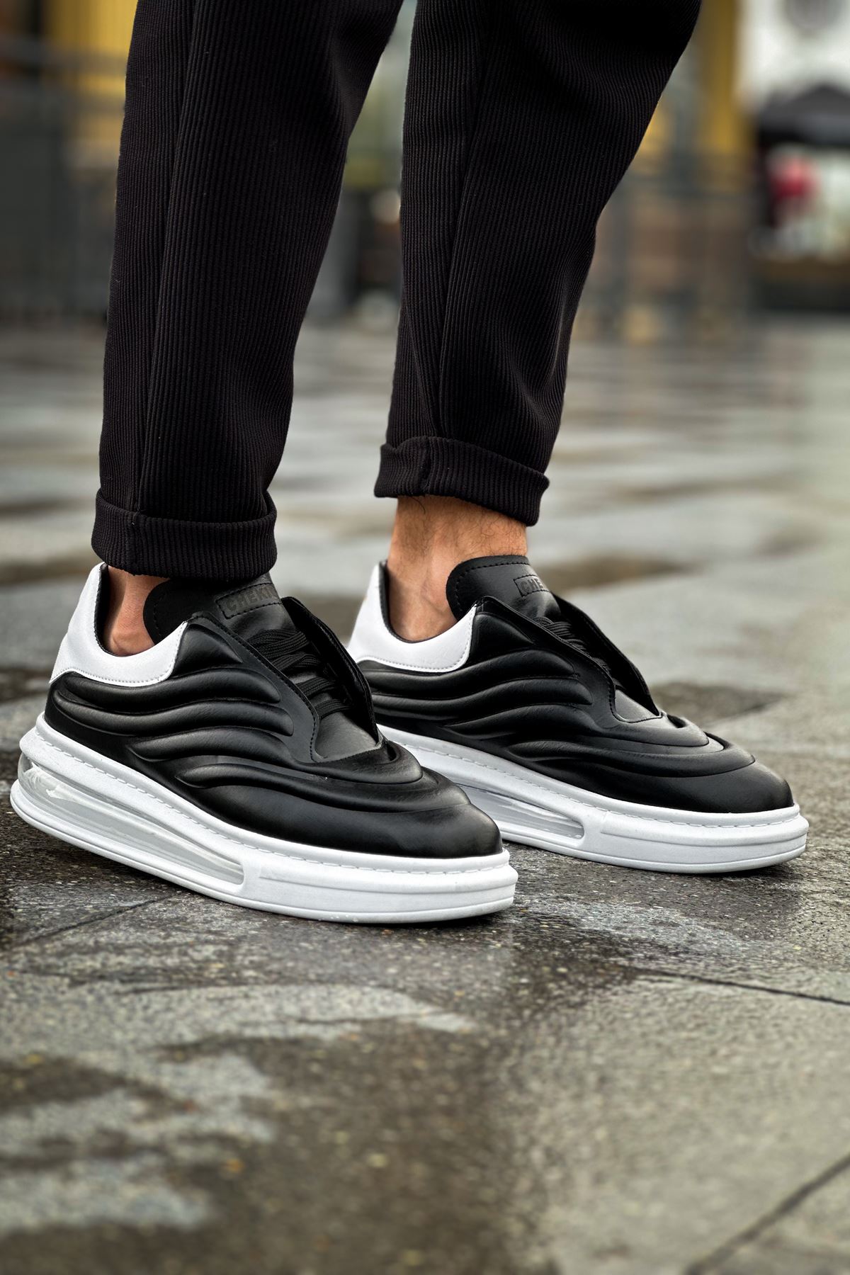 Bağcıklı Balon Taban Erkek Spor Ayakkabı Siyah Beyaz - Görsel 2