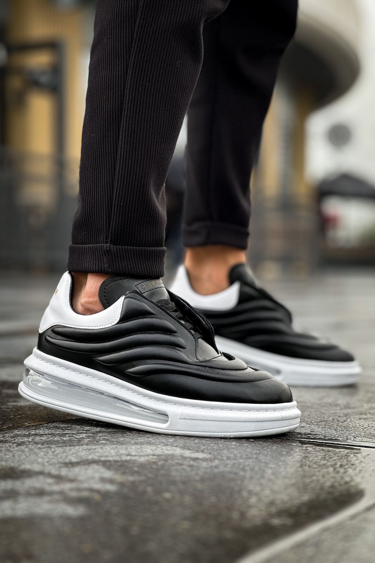 Bağcıklı Balon Taban Erkek Spor Ayakkabı Siyah Beyaz - Görsel 3