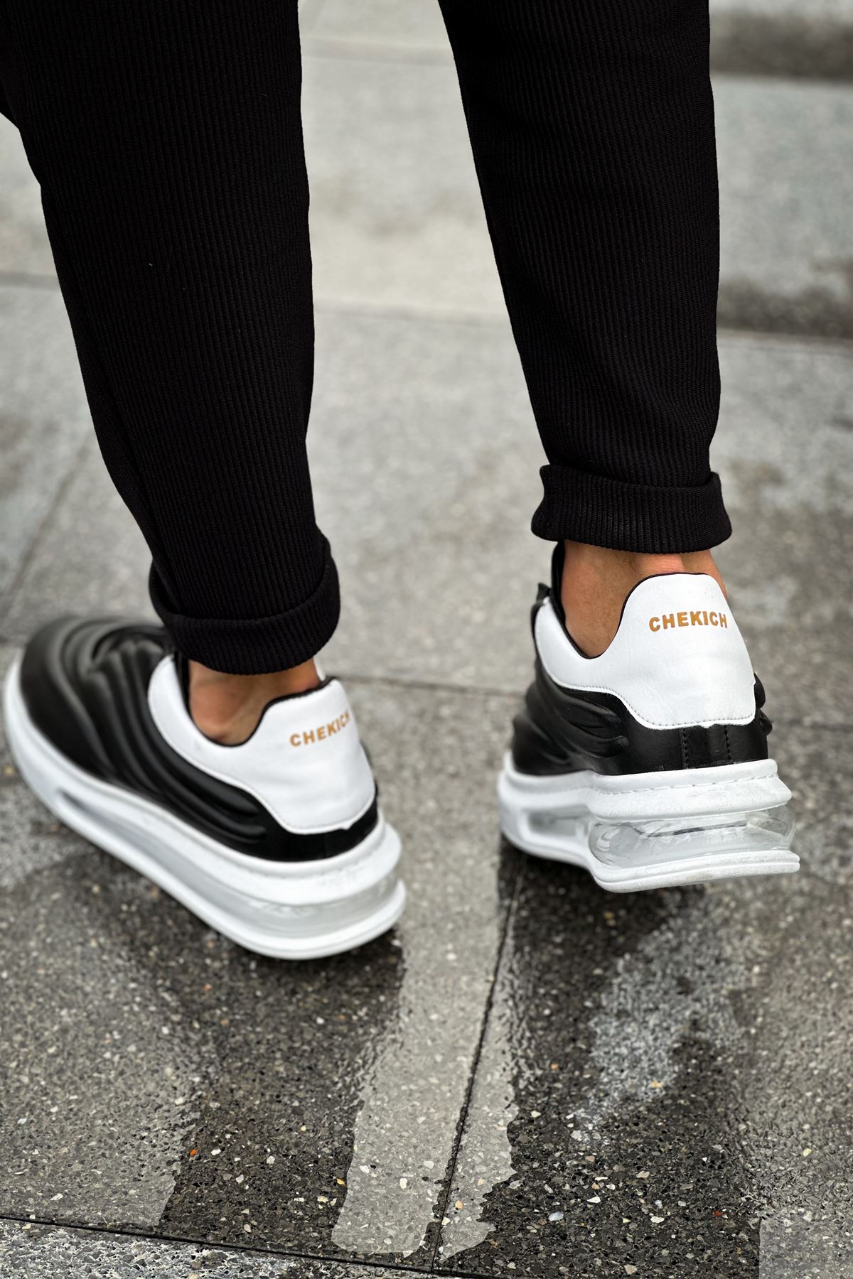 Bağcıklı Balon Taban Erkek Spor Ayakkabı Siyah Beyaz - Görsel 4