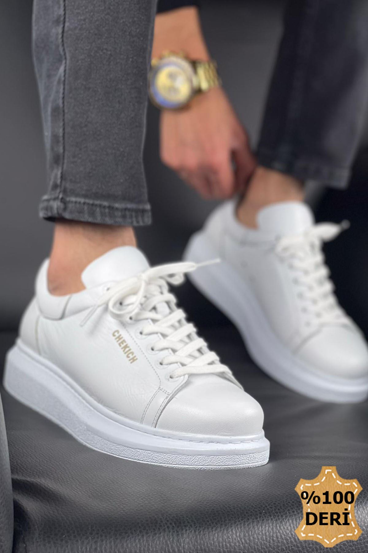 Bağcıklı Hakiki Deri Erkek Spor Ayakkabı Beyaz - Görsel 2