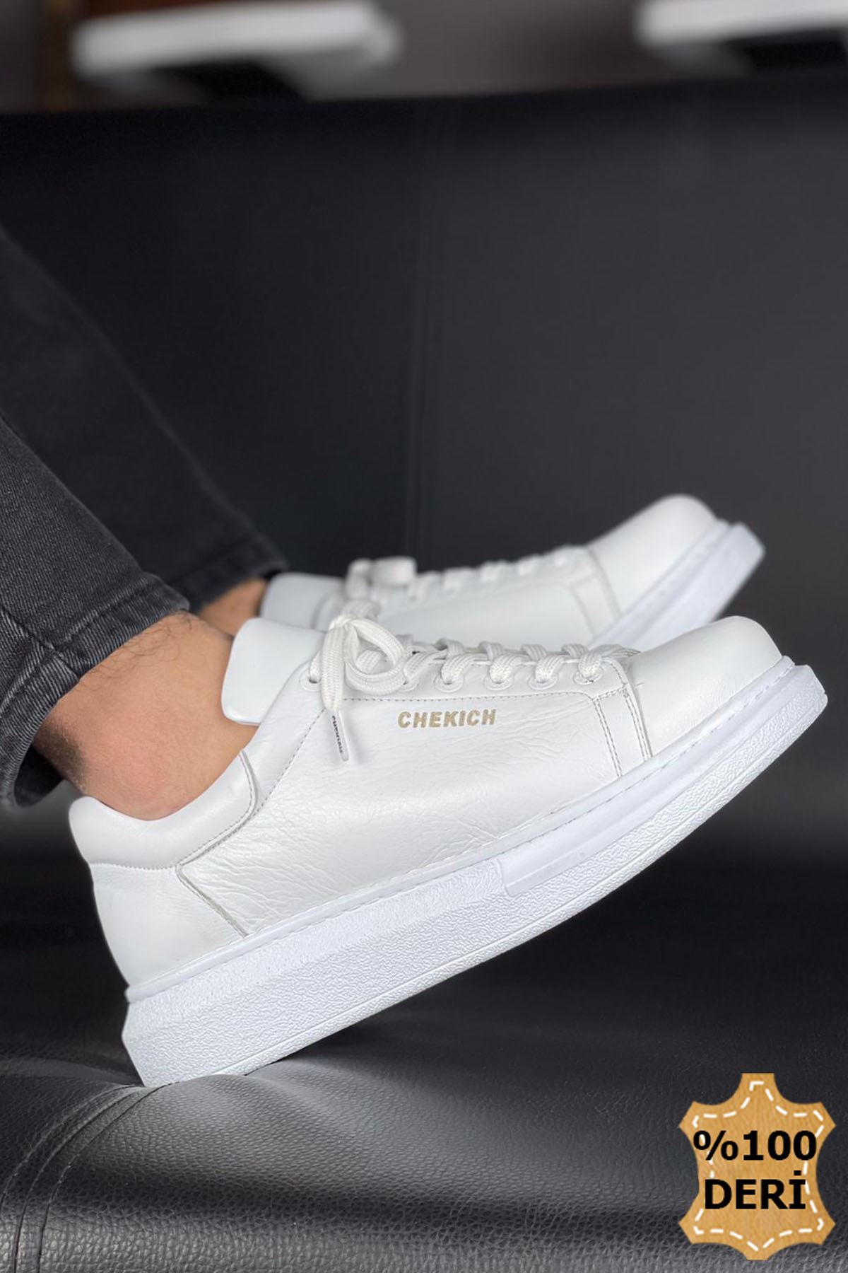 Bağcıklı Hakiki Deri Erkek Spor Ayakkabı Beyaz - Görsel 4