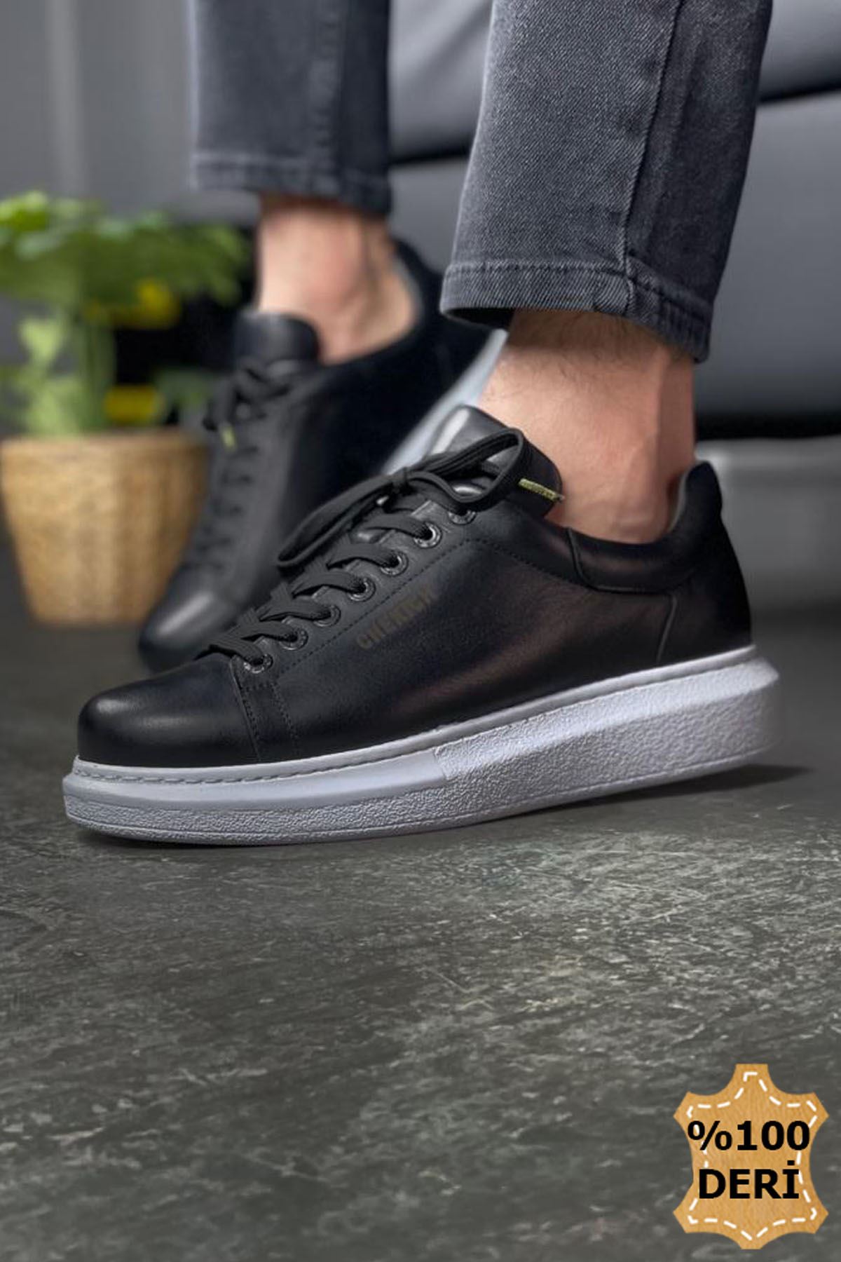 Bağcıklı Hakiki Deri Erkek Spor Ayakkabı Siyah - Görsel 2