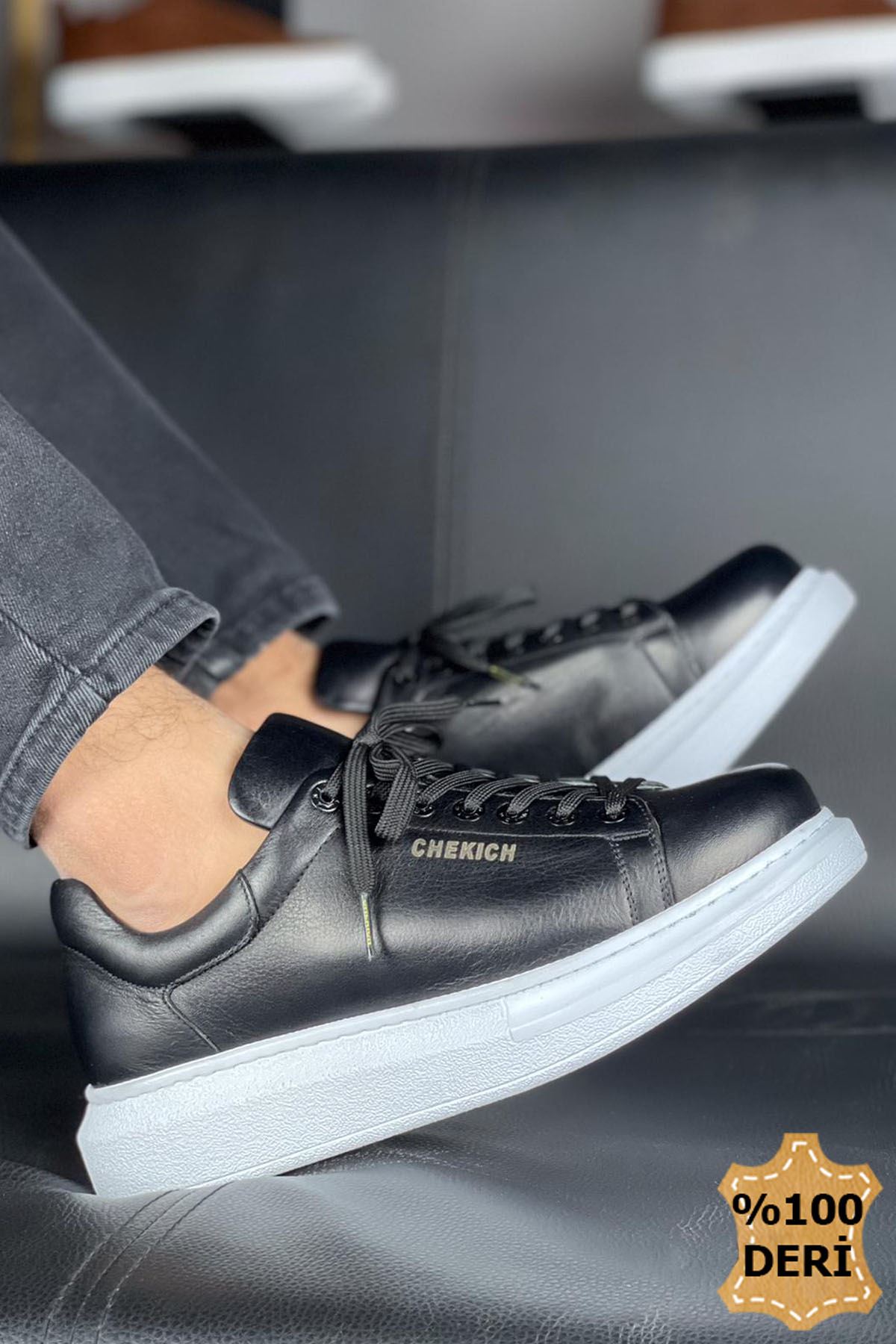 Bağcıklı Hakiki Deri Erkek Spor Ayakkabı Siyah - Görsel 3