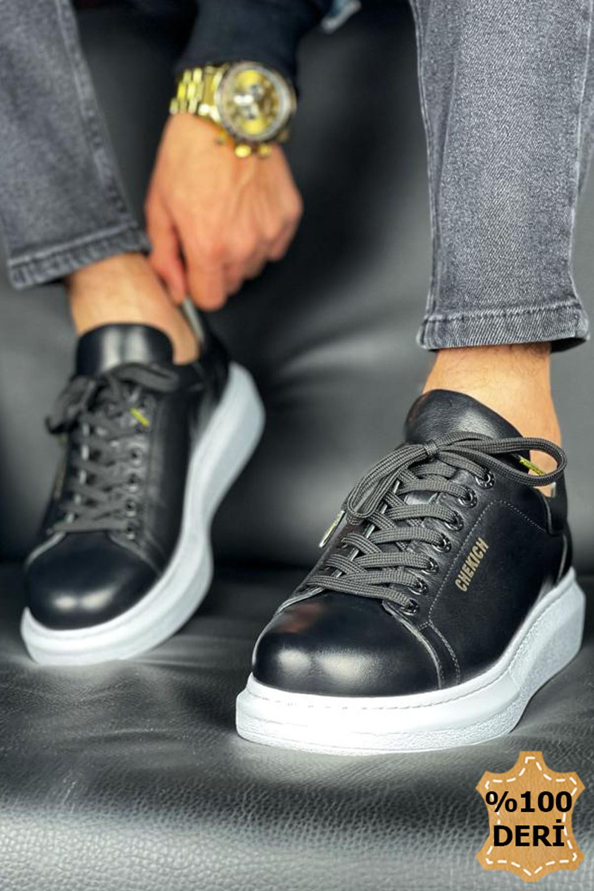 Bağcıklı Hakiki Deri Erkek Spor Ayakkabı Siyah - Görsel 4