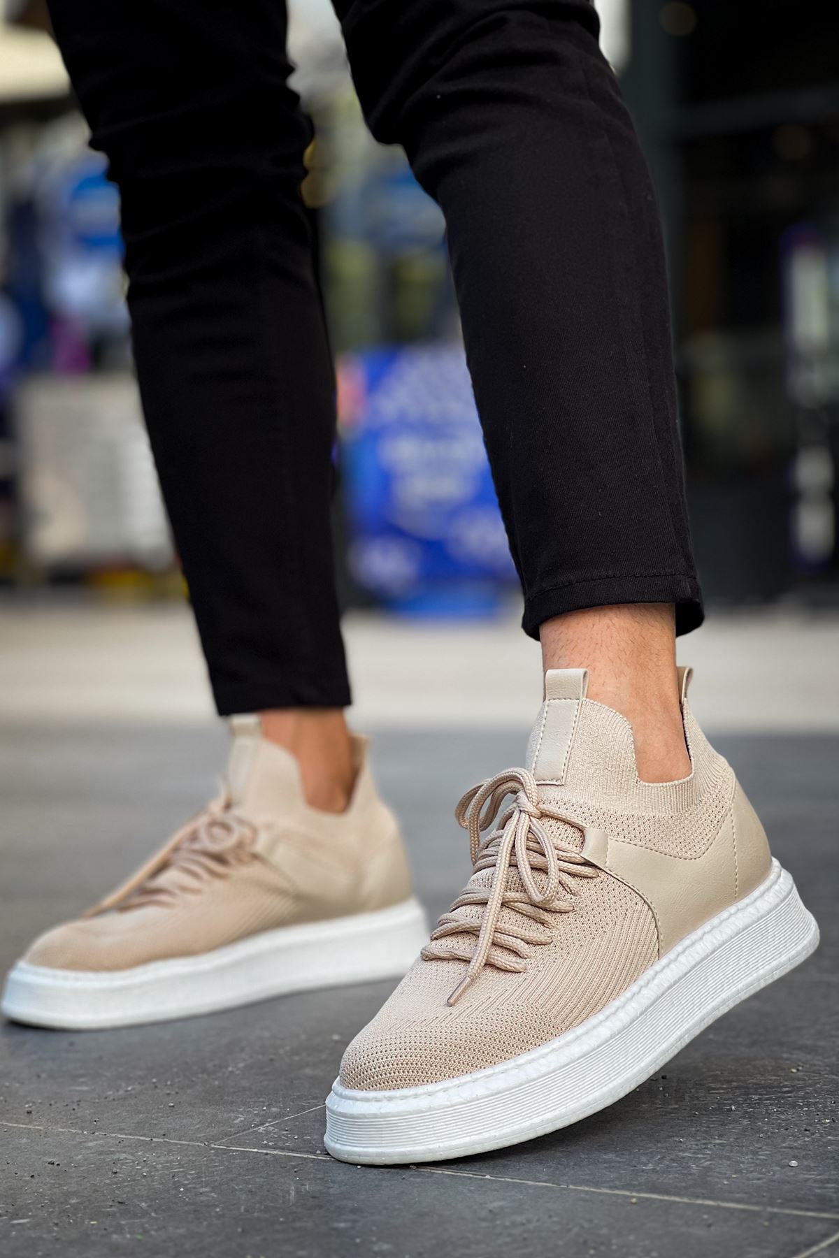 Bağcık Detaylı Triko Kumaş Erkek Spor Ayakkabı Krem - Görsel 2