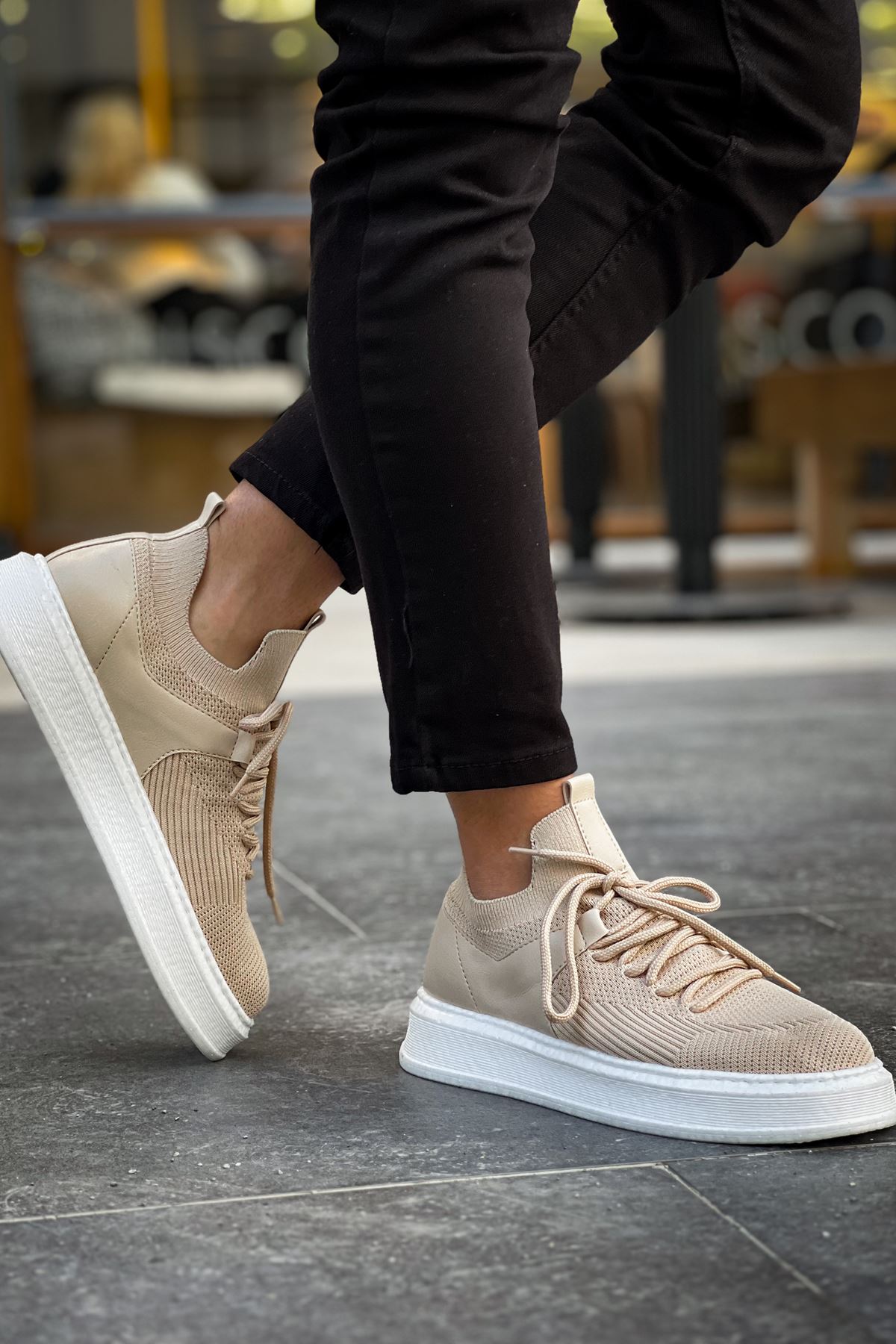 Bağcık Detaylı Triko Kumaş Erkek Spor Ayakkabı Krem - Görsel 4