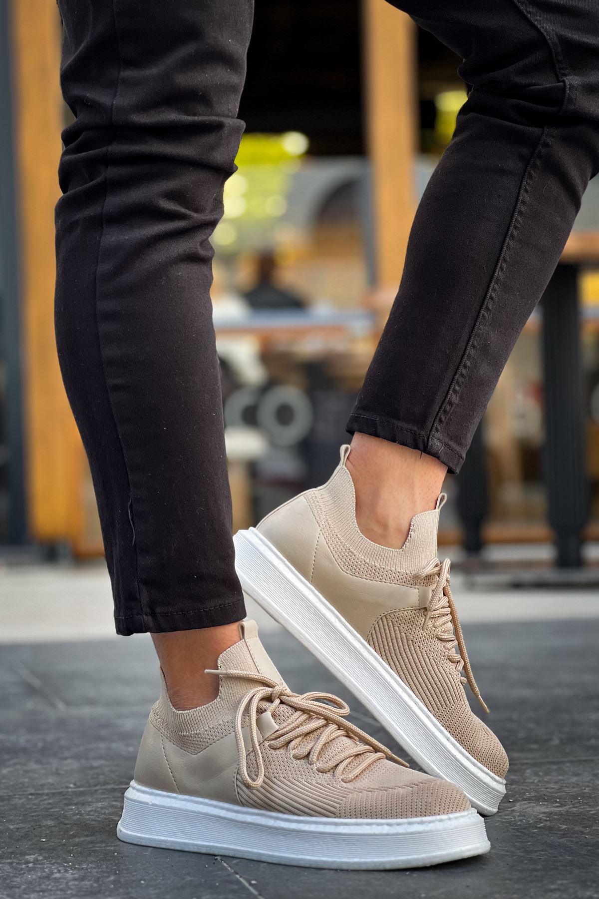 Bağcık Detaylı Triko Kumaş Erkek Spor Ayakkabı Krem - Görsel 5