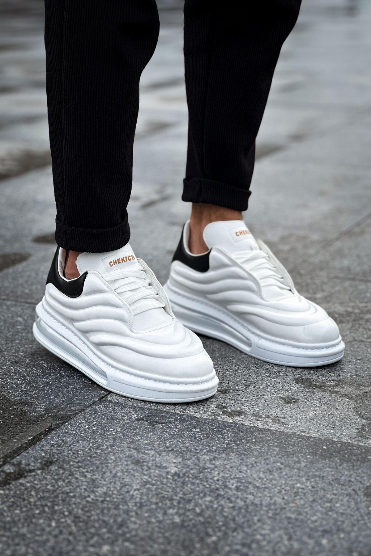 Bağcıklı Balon Taban Erkek Spor Ayakkabı Beyaz Siyah - Görsel 2