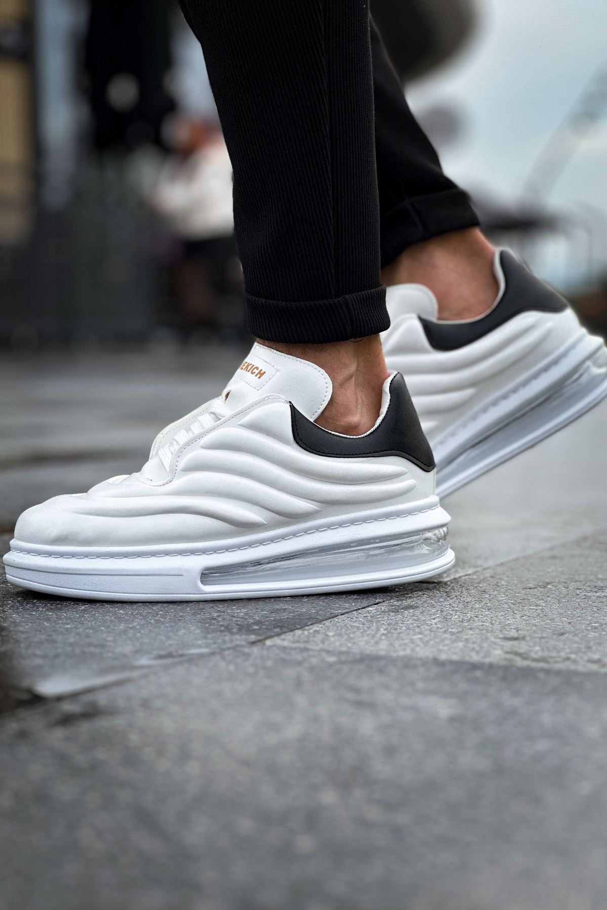 Bağcıklı Balon Taban Erkek Spor Ayakkabı Beyaz Siyah - Görsel 3
