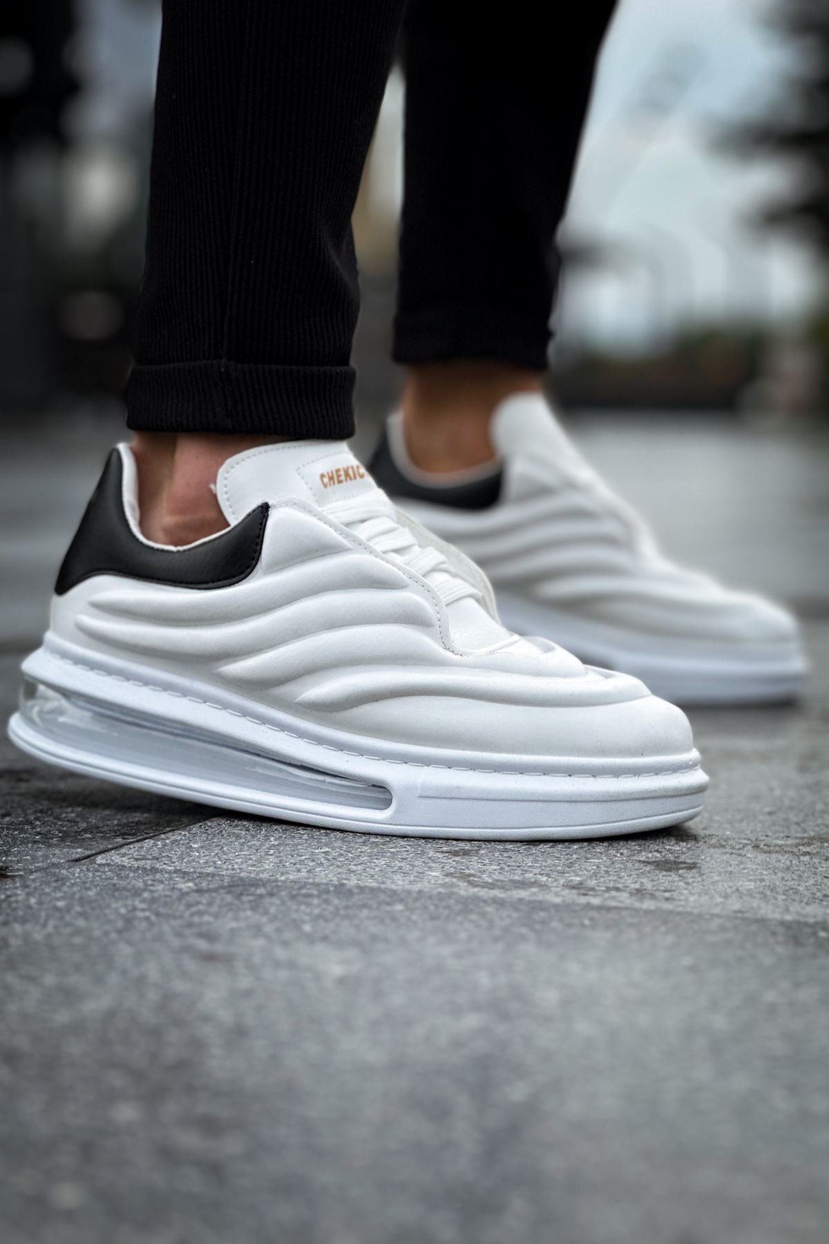 Bağcıklı Balon Taban Erkek Spor Ayakkabı Beyaz Siyah - Görsel 4