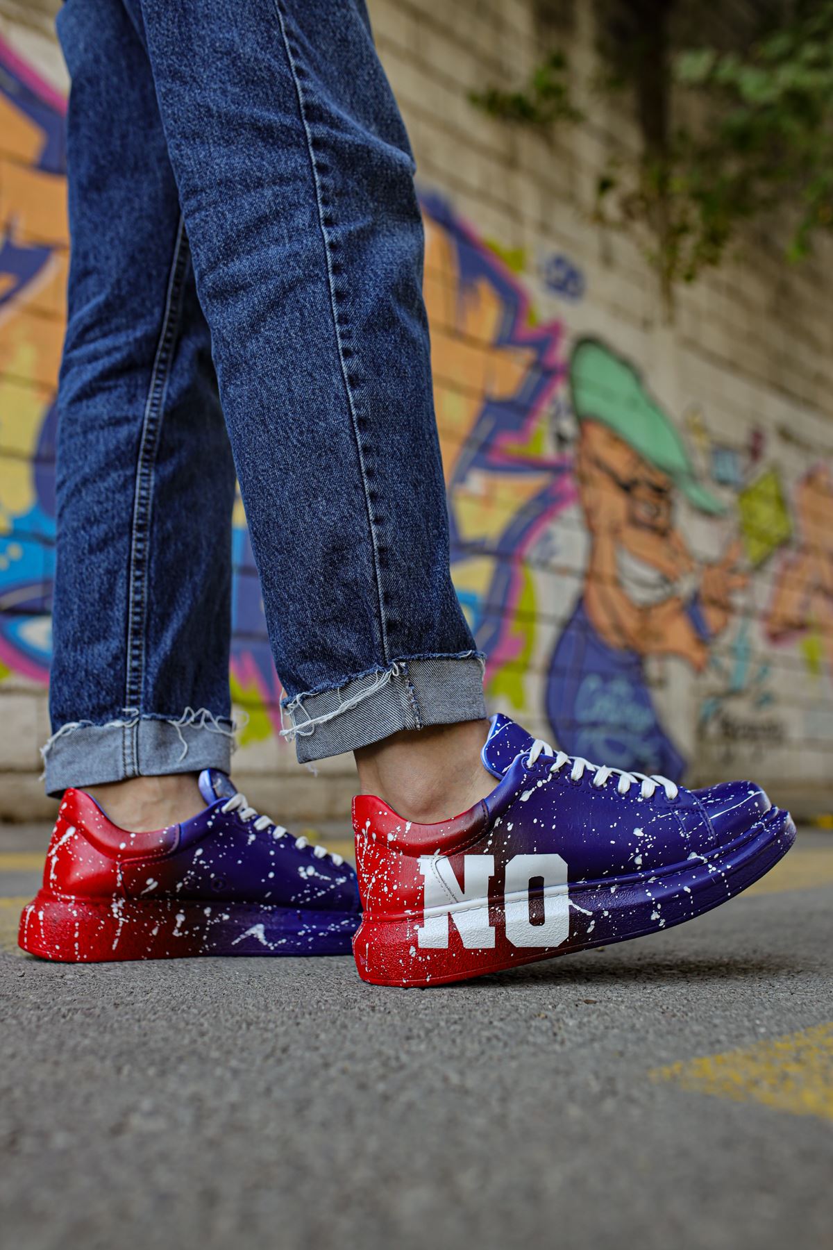 Bağcıklı Baskılı Erkek Spor Ayakkabı Mavi Kırmızı Yes - Görsel 2