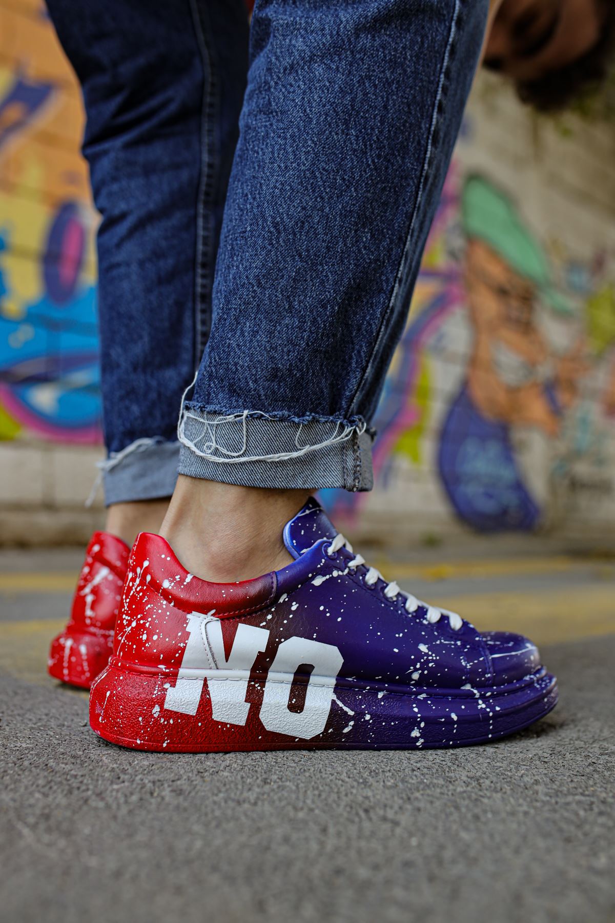 Bağcıklı Baskılı Erkek Spor Ayakkabı Mavi Kırmızı Yes - Görsel 3