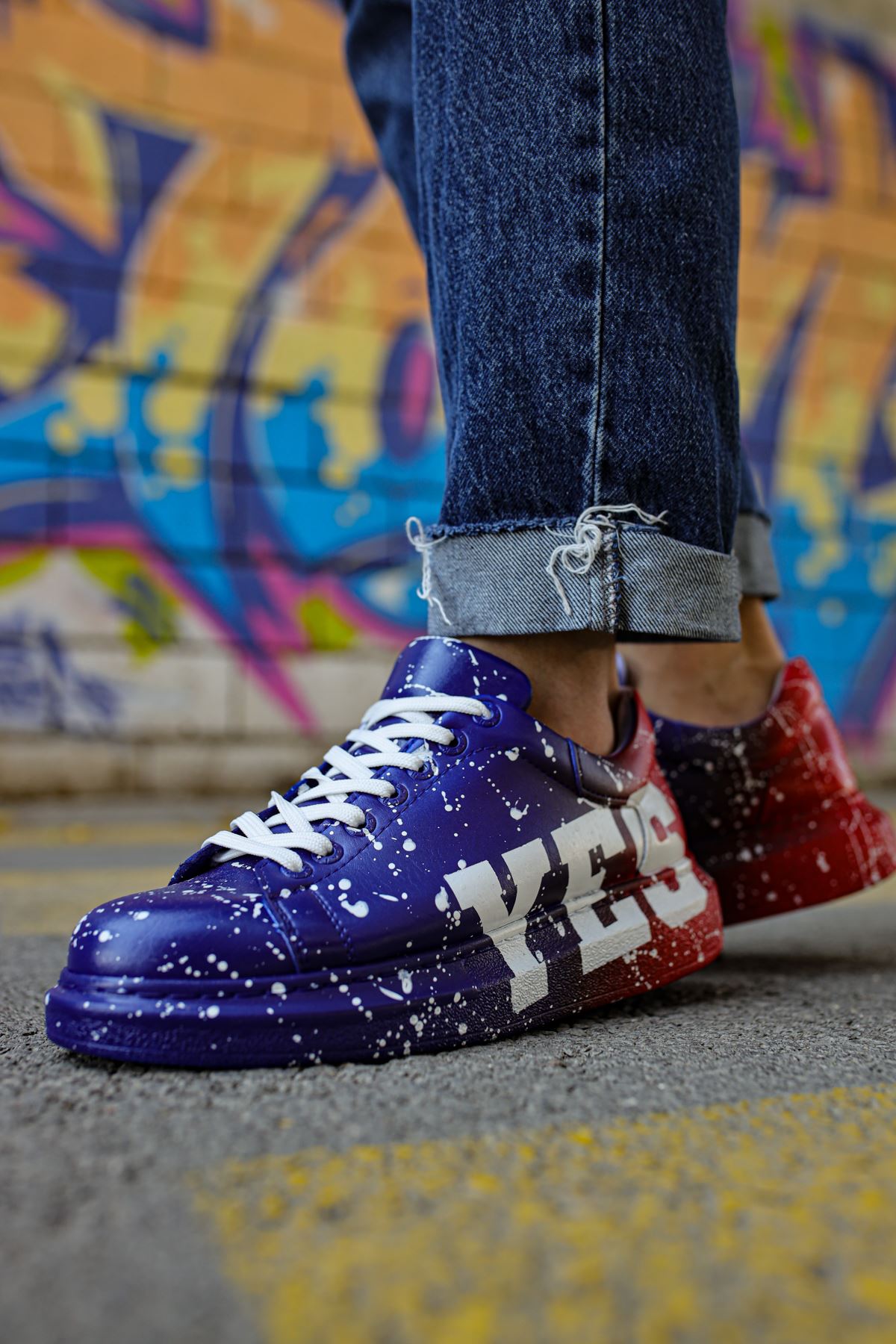 Bağcıklı Baskılı Erkek Spor Ayakkabı Mavi Kırmızı Yes - Görsel 4