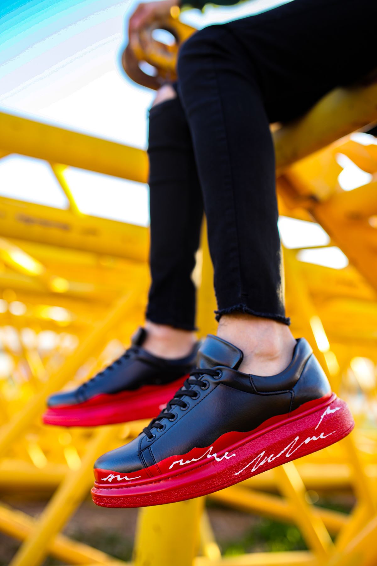 Bağcıklı Baskılı Erkek Spor Ayakkabı Kırmızı Beyaz Taban - Görsel 4