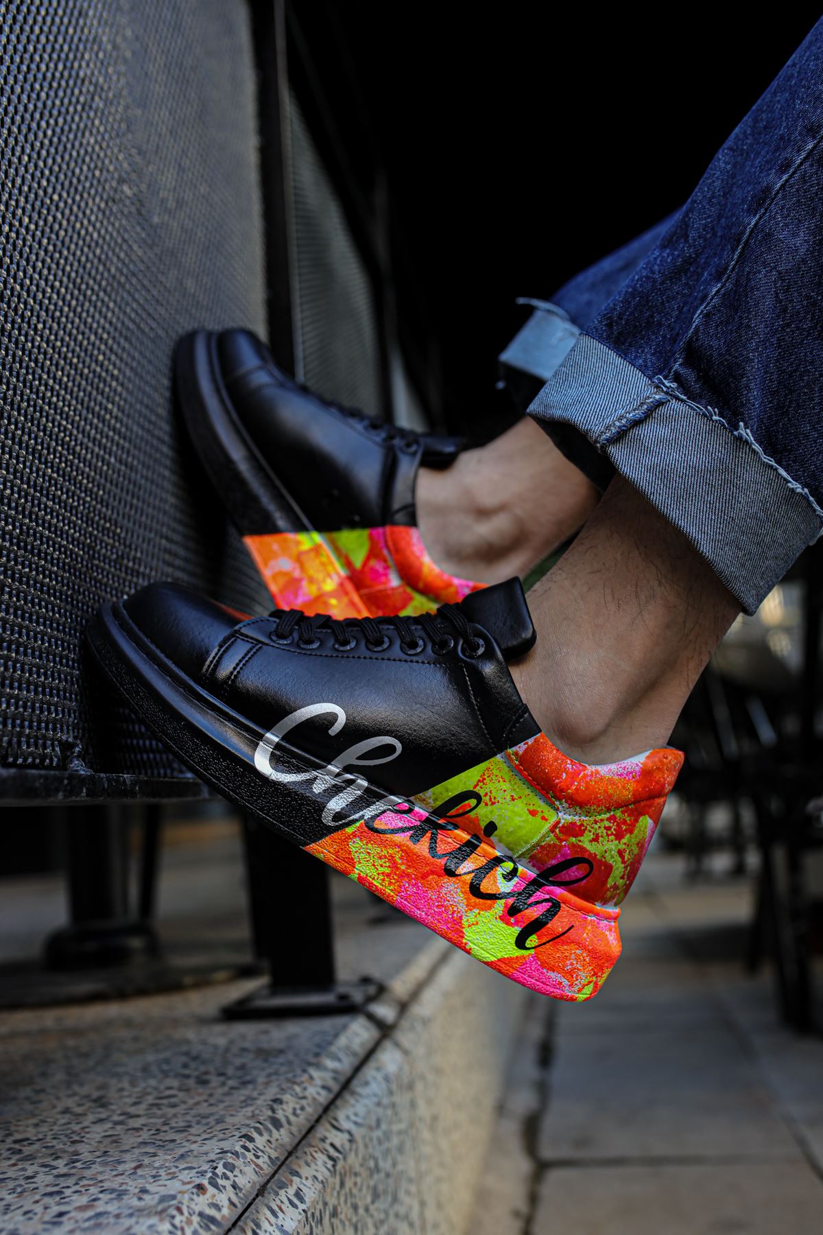 Bağcıklı Baskılı Erkek Spor Ayakkabı Siyah Sarı - Görsel 3