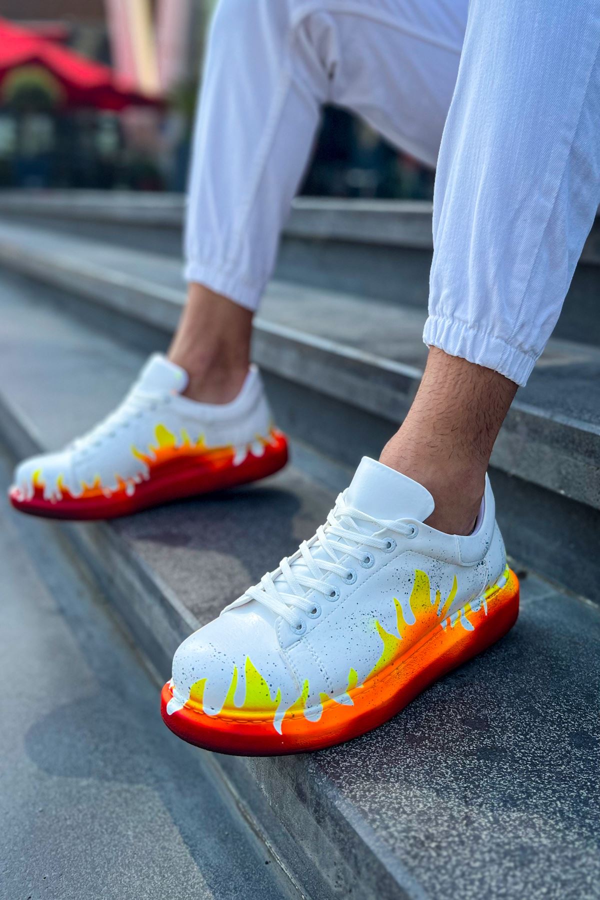 Bağcıklı Baskılı Erkek Spor Ayakkabı Kırmızı Alev - Görsel 3