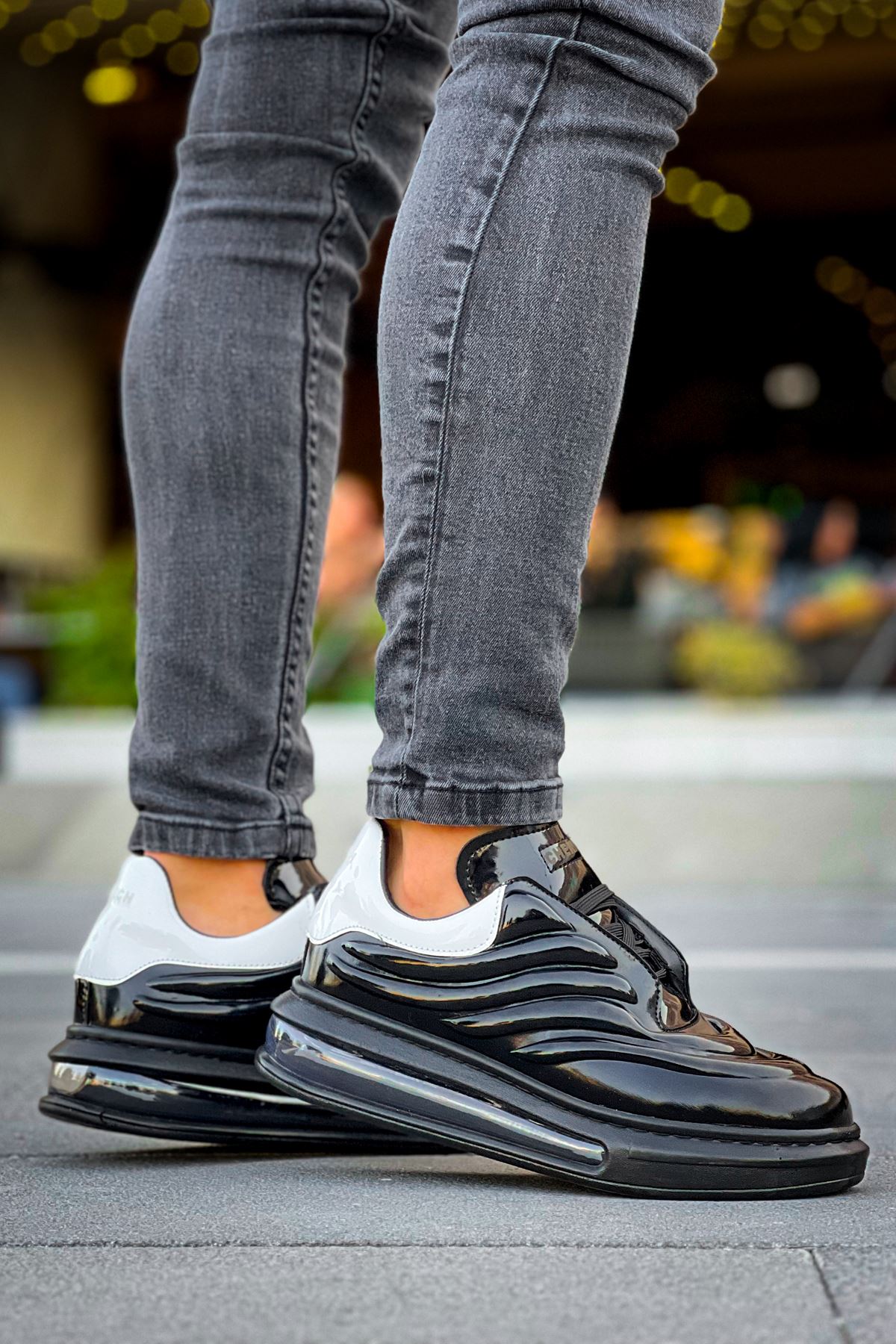 Bağcıklı Balon Taban Erkek Spor Ayakkabı Siyah Beyaz - Görsel 2