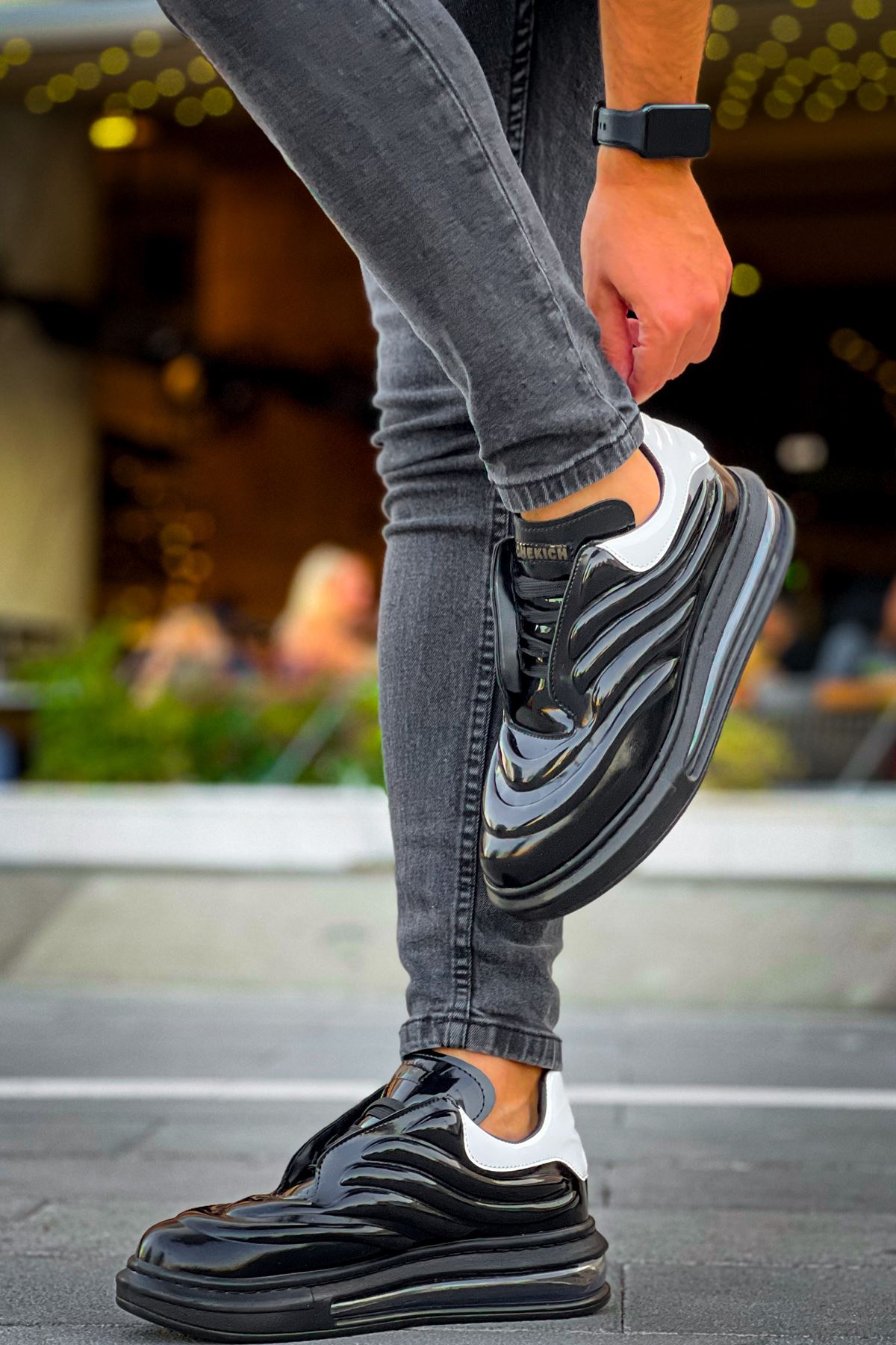 Bağcıklı Balon Taban Erkek Spor Ayakkabı Siyah Beyaz - Görsel 3