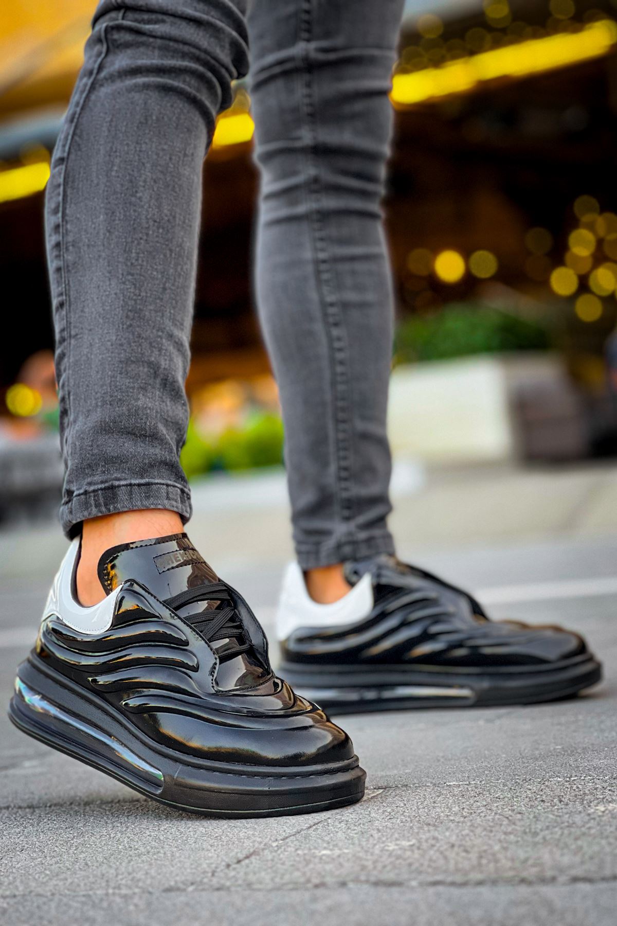 Bağcıklı Balon Taban Erkek Spor Ayakkabı Siyah Beyaz - Görsel 5