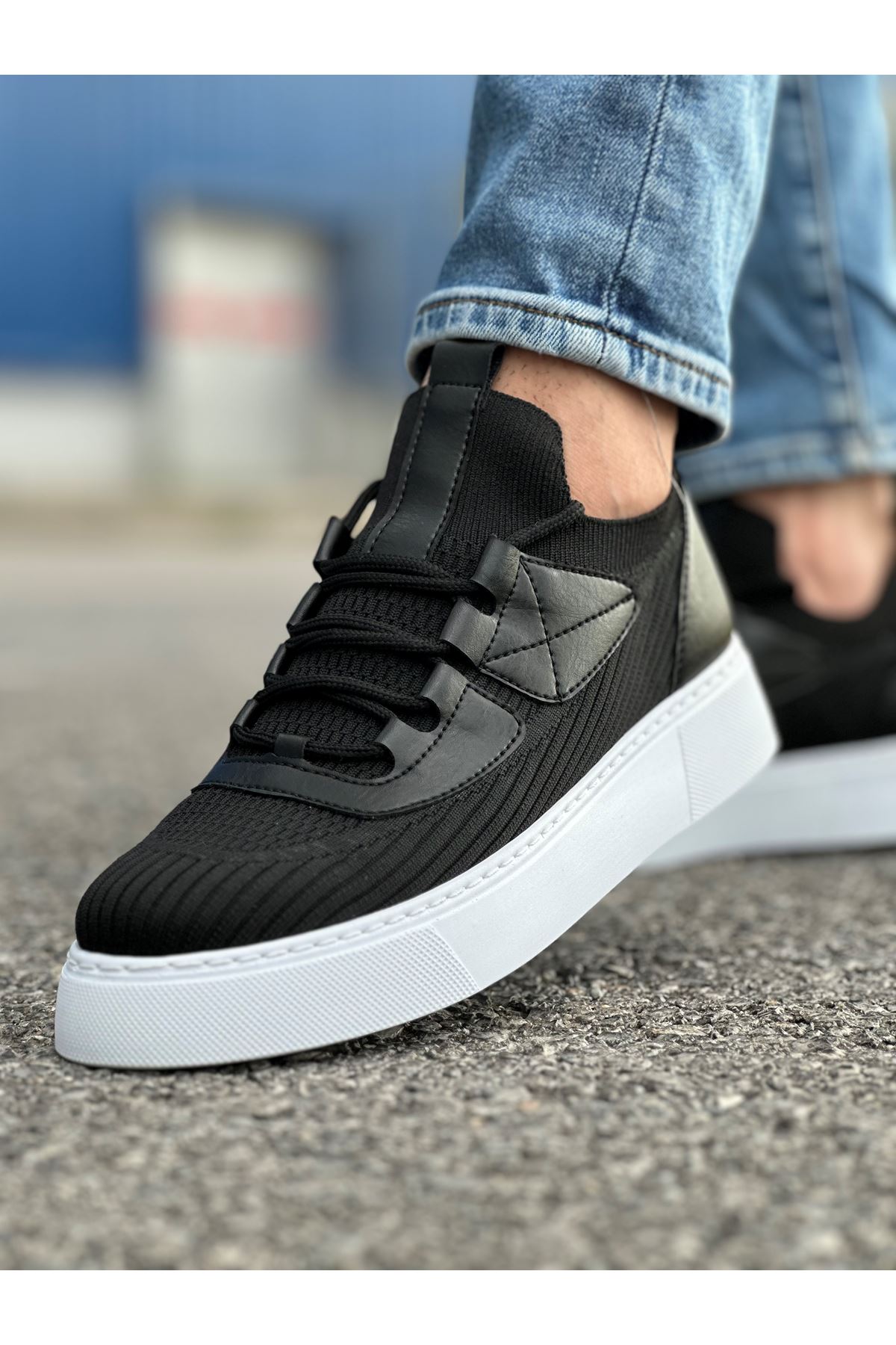 Bağcık Detaylı Triko Kumaş Erkek Spor Ayakkabı Siyah - Görsel 2
