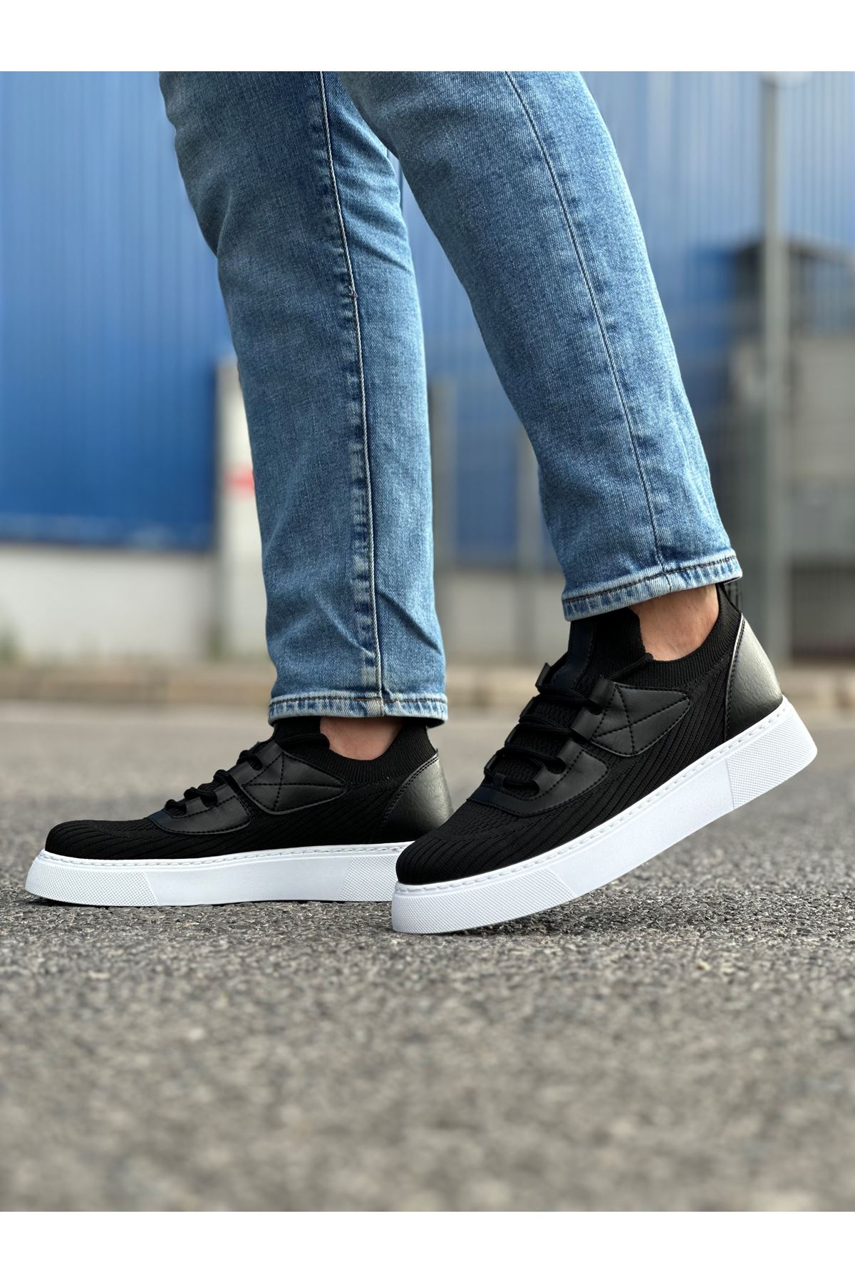 Bağcık Detaylı Triko Kumaş Erkek Spor Ayakkabı Siyah - Görsel 4