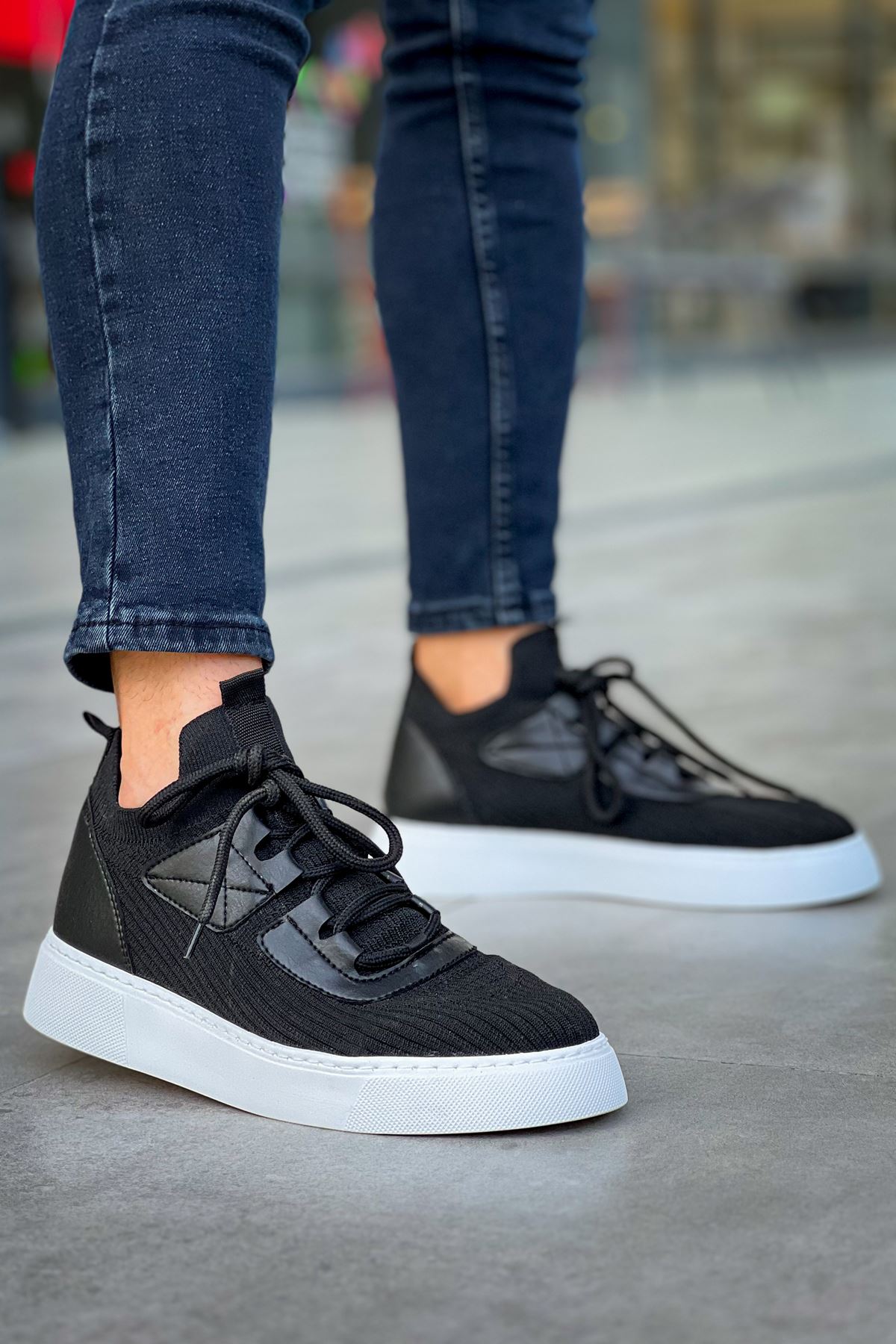 Bağcık Detaylı Triko Kumaş Erkek Spor Ayakkabı Siyah - Görsel 5