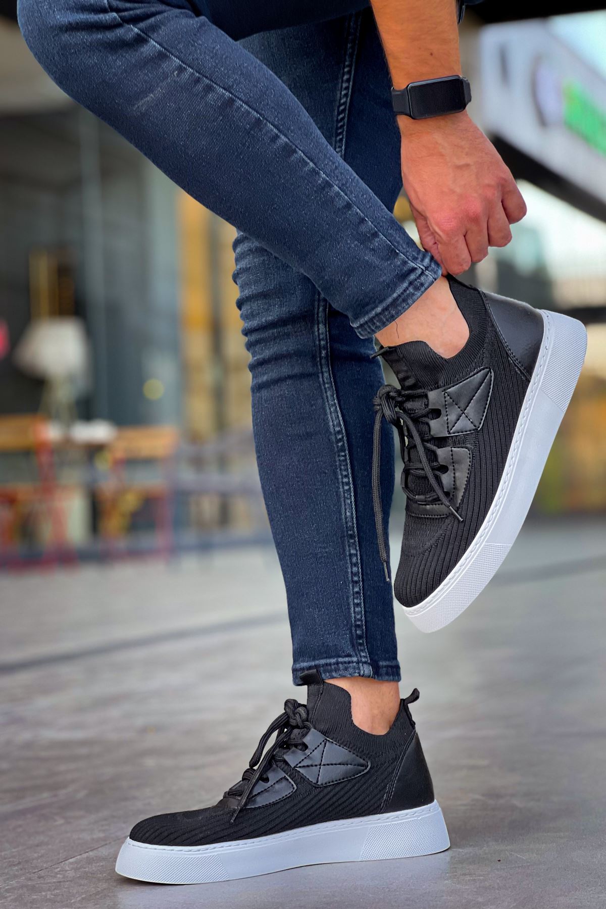 Bağcık Detaylı Triko Kumaş Erkek Spor Ayakkabı Siyah - Görsel 8