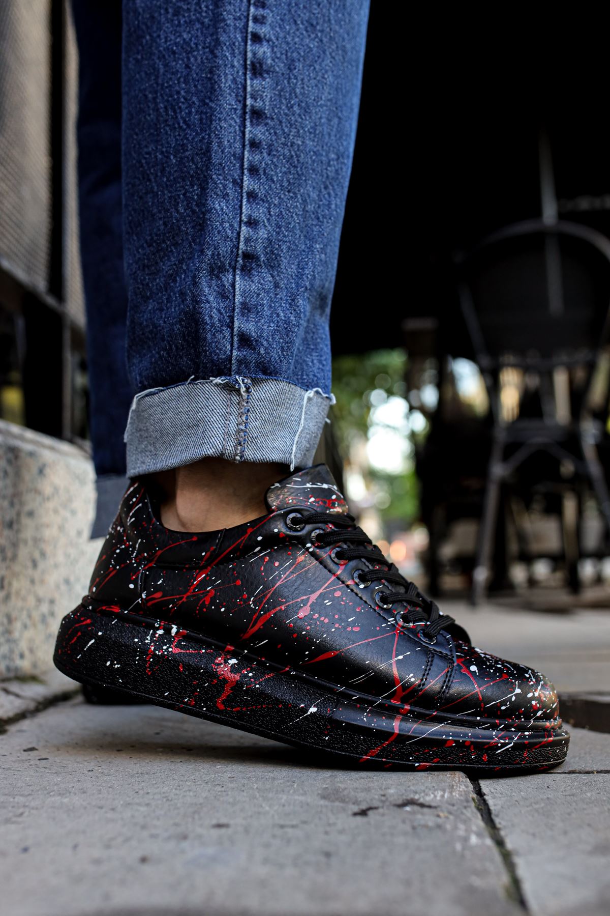 Bağcıklı Baskılı Erkek Spor Ayakkabı Siyah Beyaz Kırmızı Splush - Görsel 4