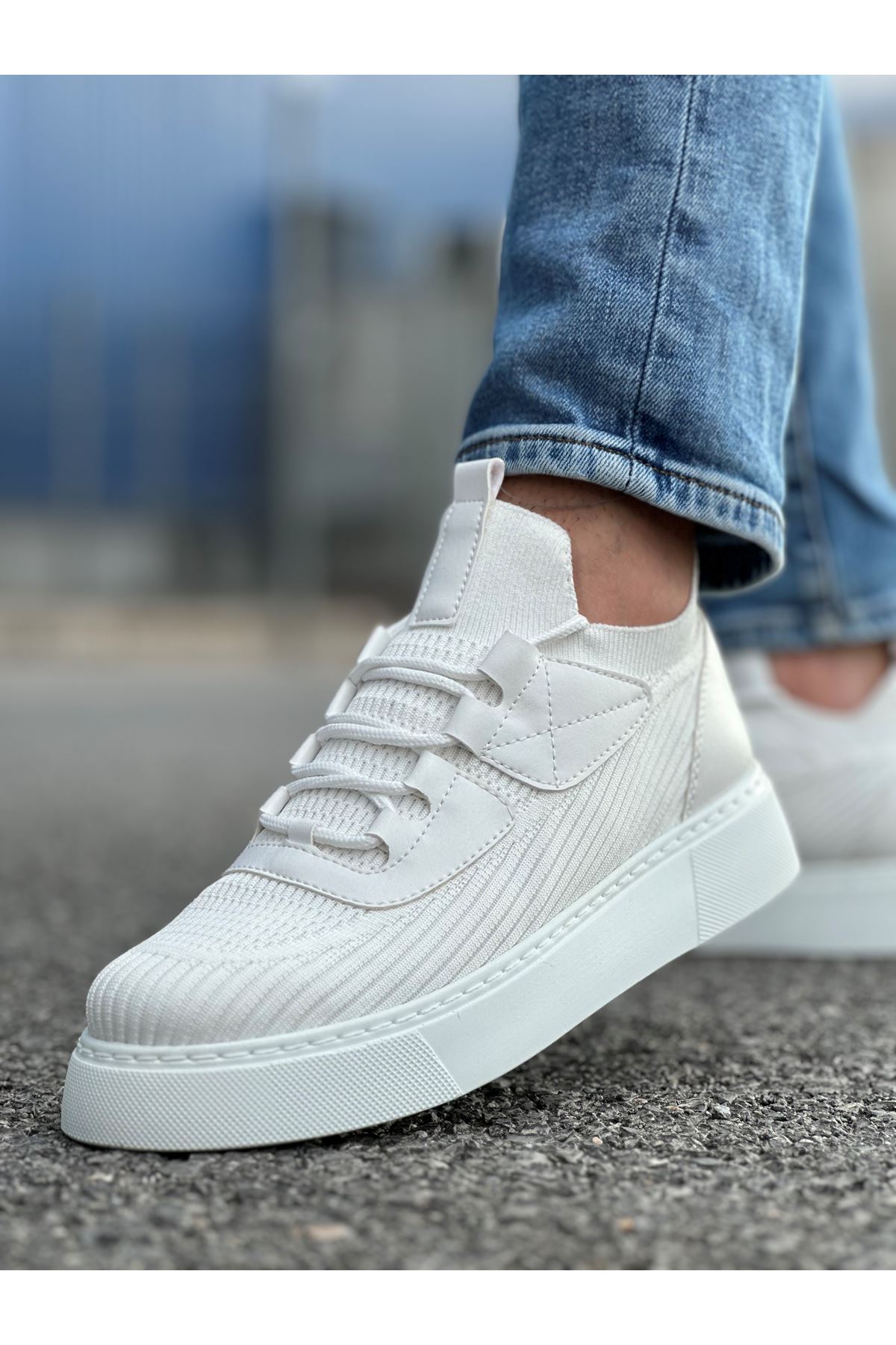 Bağcık Detaylı Triko Kumaş Erkek Spor Ayakkabı Beyaz - Görsel 2
