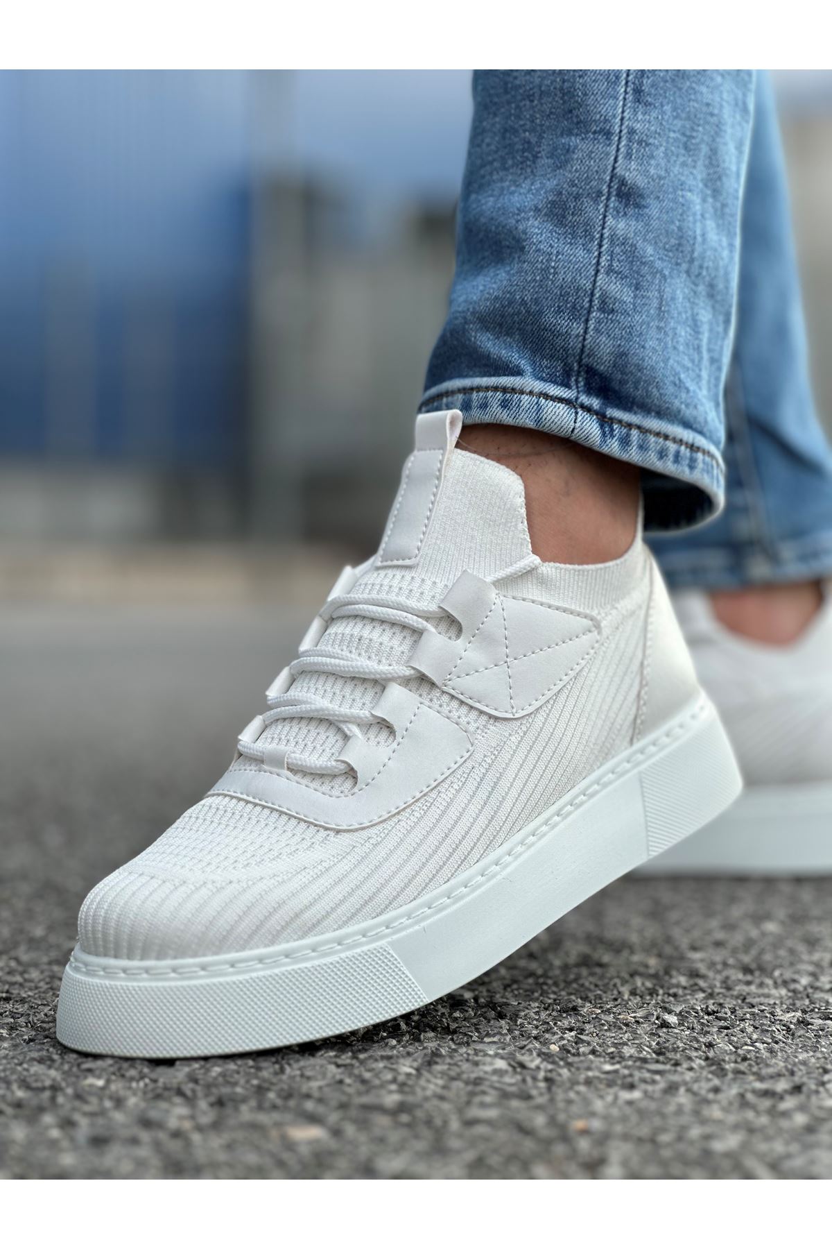 Bağcık Detaylı Triko Kumaş Erkek Spor Ayakkabı Beyaz - Görsel 3