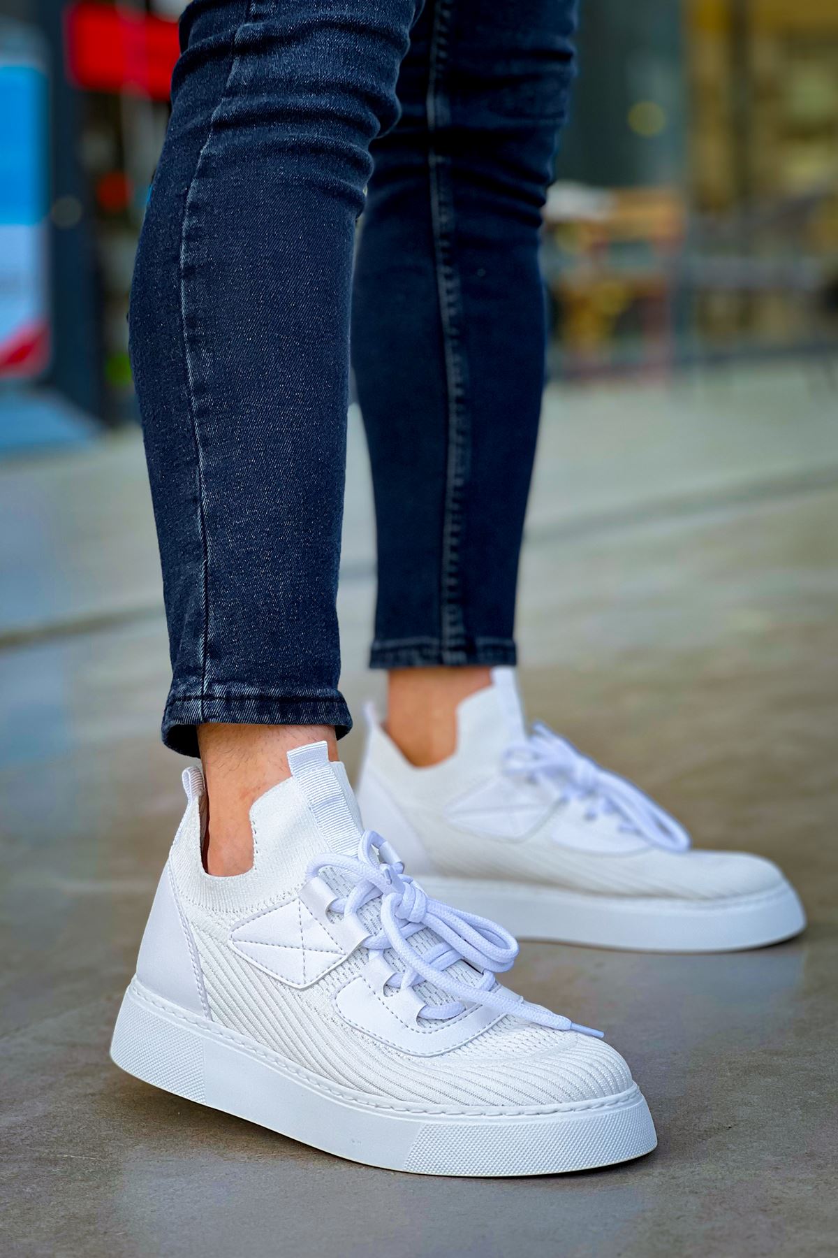 Bağcık Detaylı Triko Kumaş Erkek Spor Ayakkabı Beyaz - Görsel 6