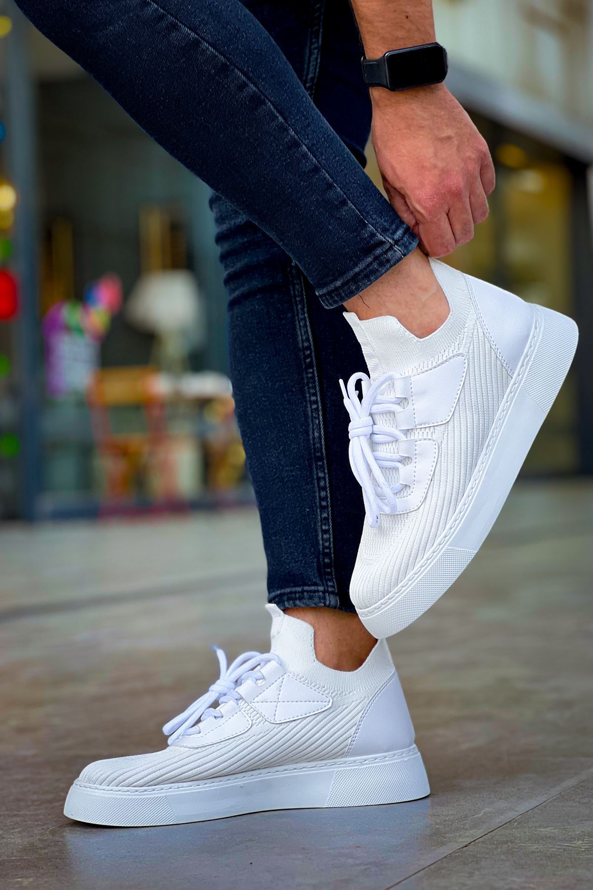 Bağcık Detaylı Triko Kumaş Erkek Spor Ayakkabı Beyaz - Görsel 7