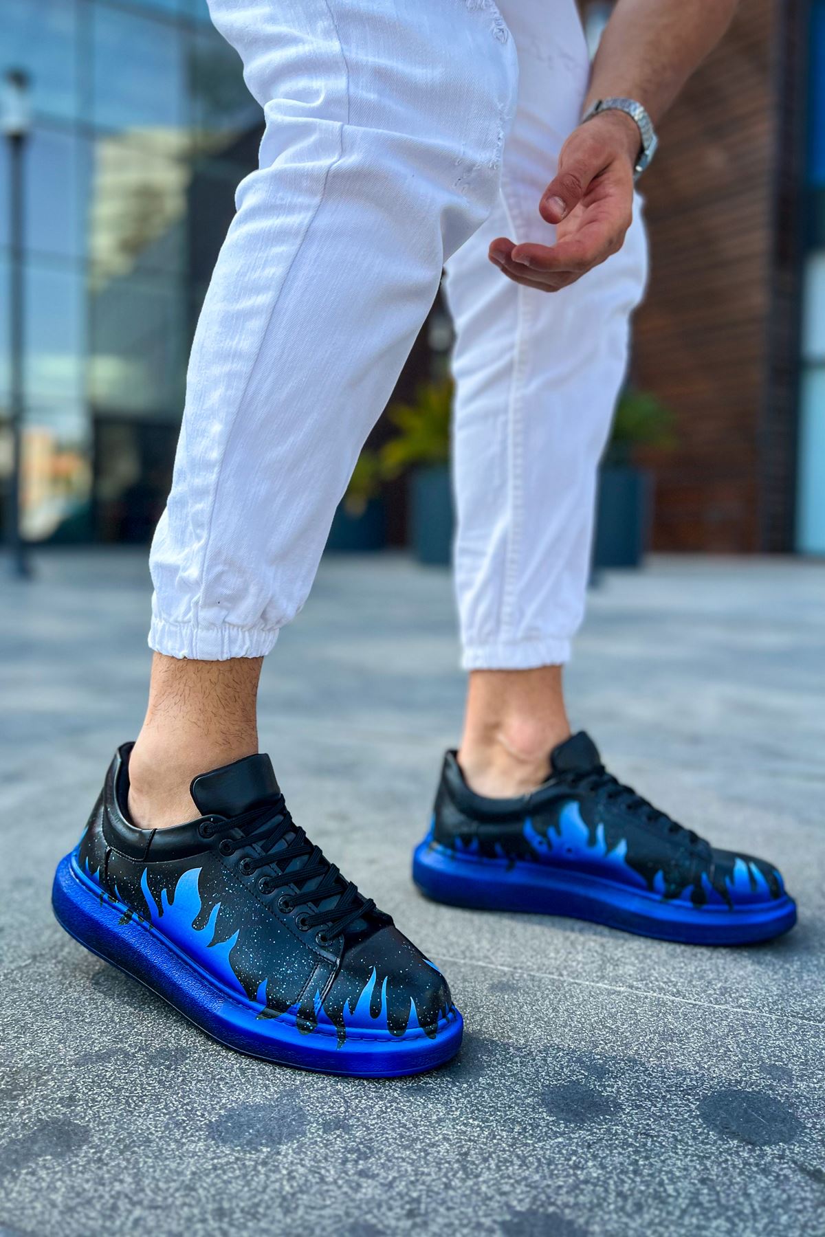 Bağcıklı Baskılı Erkek Spor Ayakkabı Siyah Mavi - Görsel 4