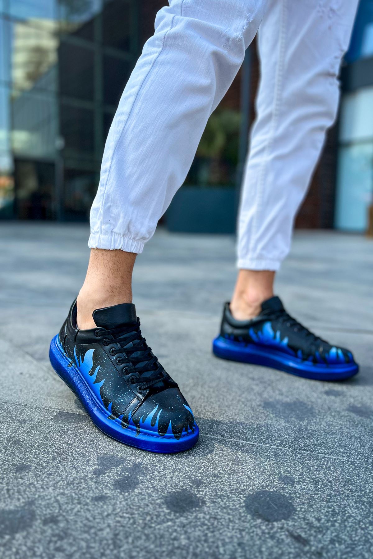 Bağcıklı Baskılı Erkek Spor Ayakkabı Siyah Mavi - Görsel 5